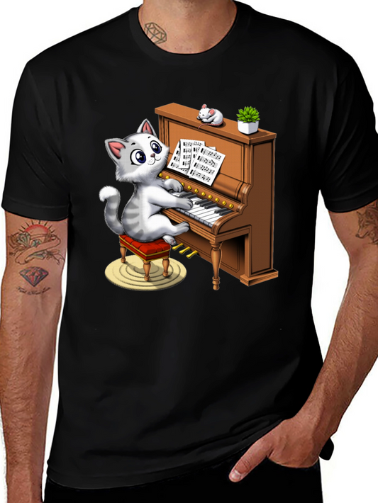 Cat Playing Piano Graphic Tee - Funny & Stylish