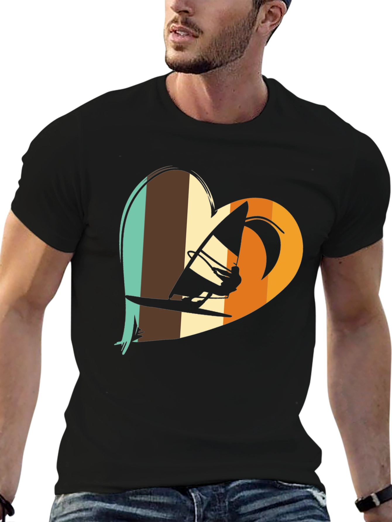 Windsurfing Heart Graphic Tee - Black Cotton T-Shirt