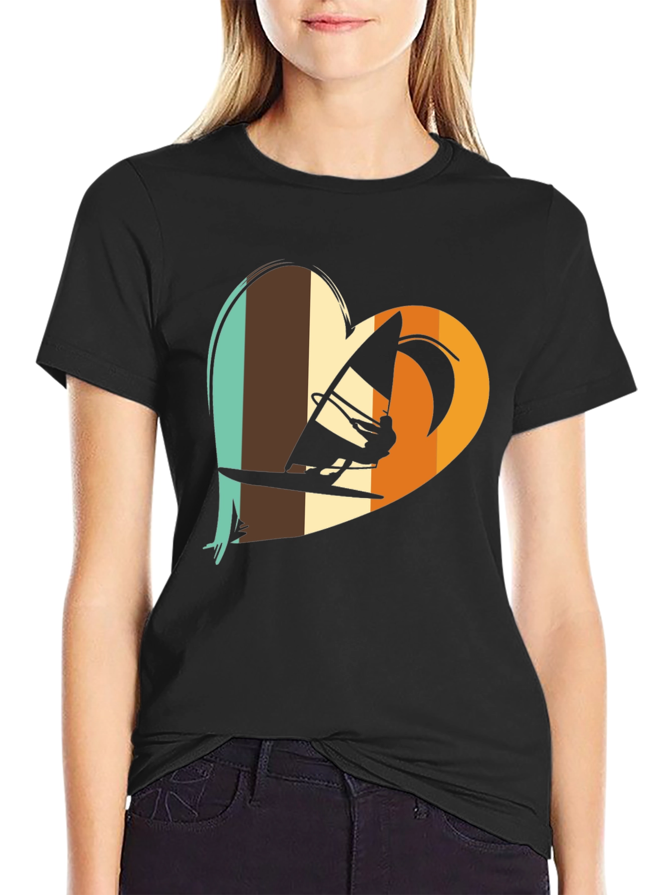 Windsurfing Heart Graphic Tee - Black Cotton T-Shirt