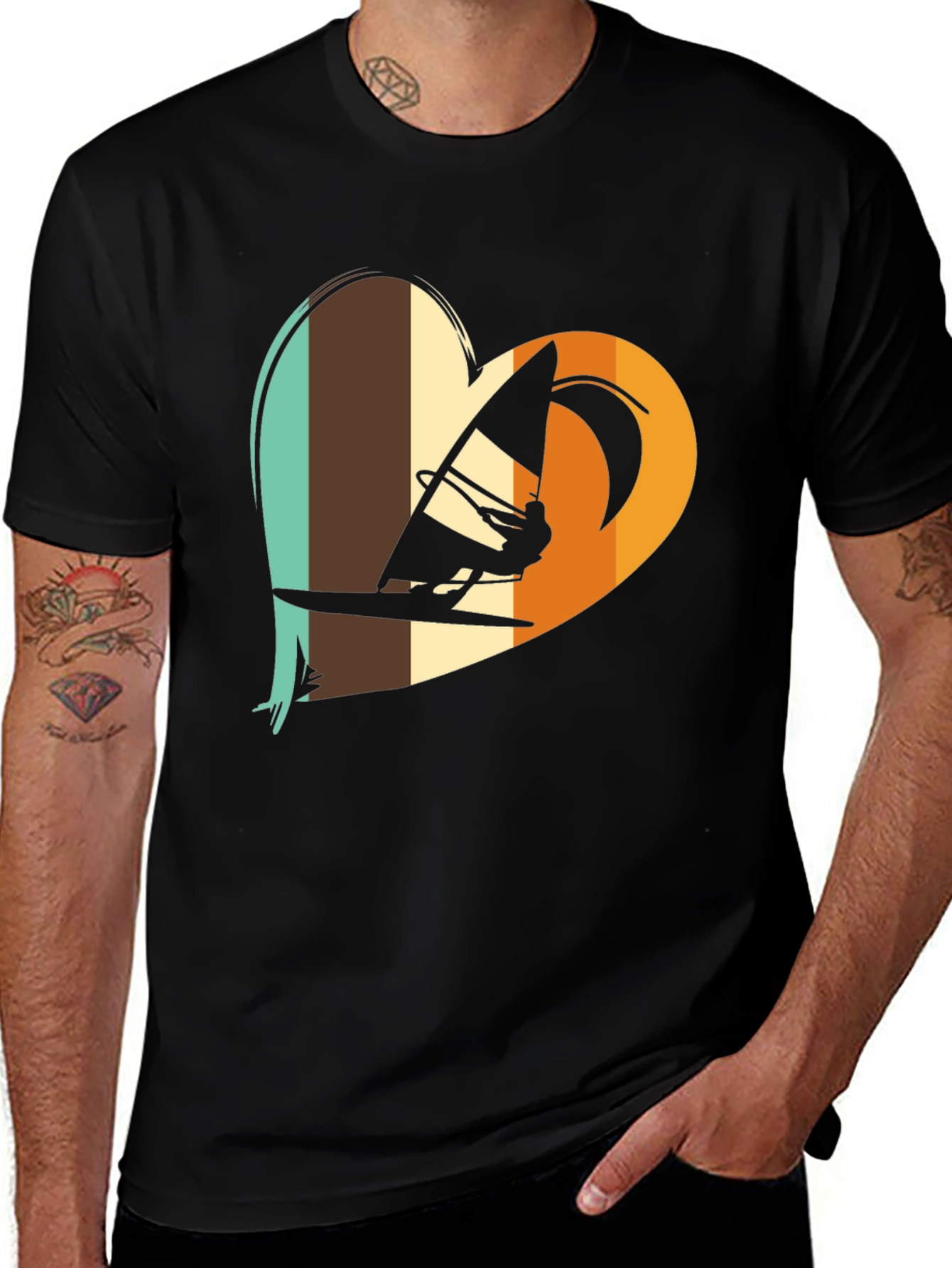 Windsurfing Heart Graphic Tee - Black Cotton T-Shirt