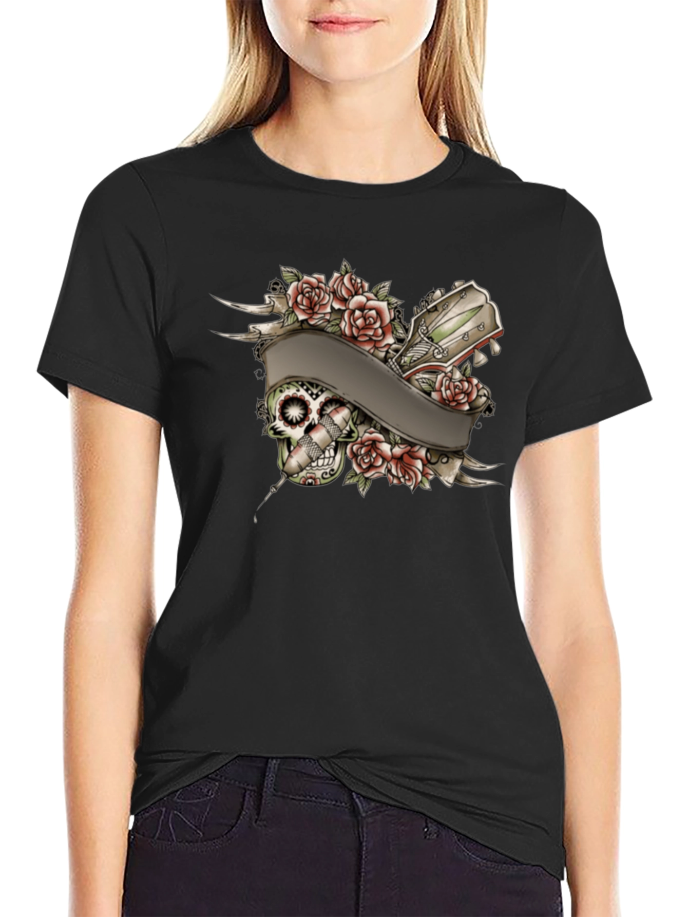 Skull Roses Tattoo Style Graphic Tee