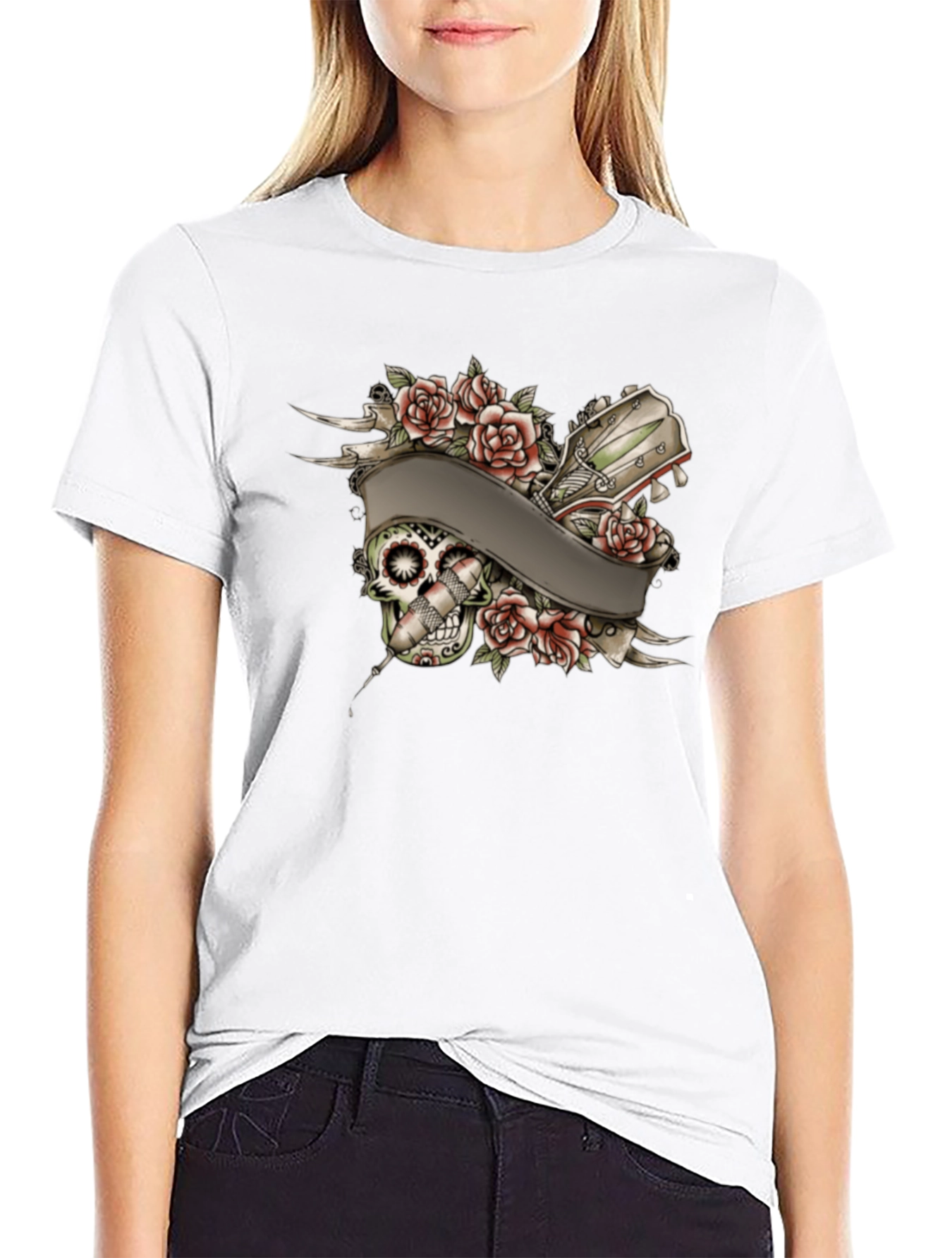 Skull Roses Tattoo Style Graphic Tee