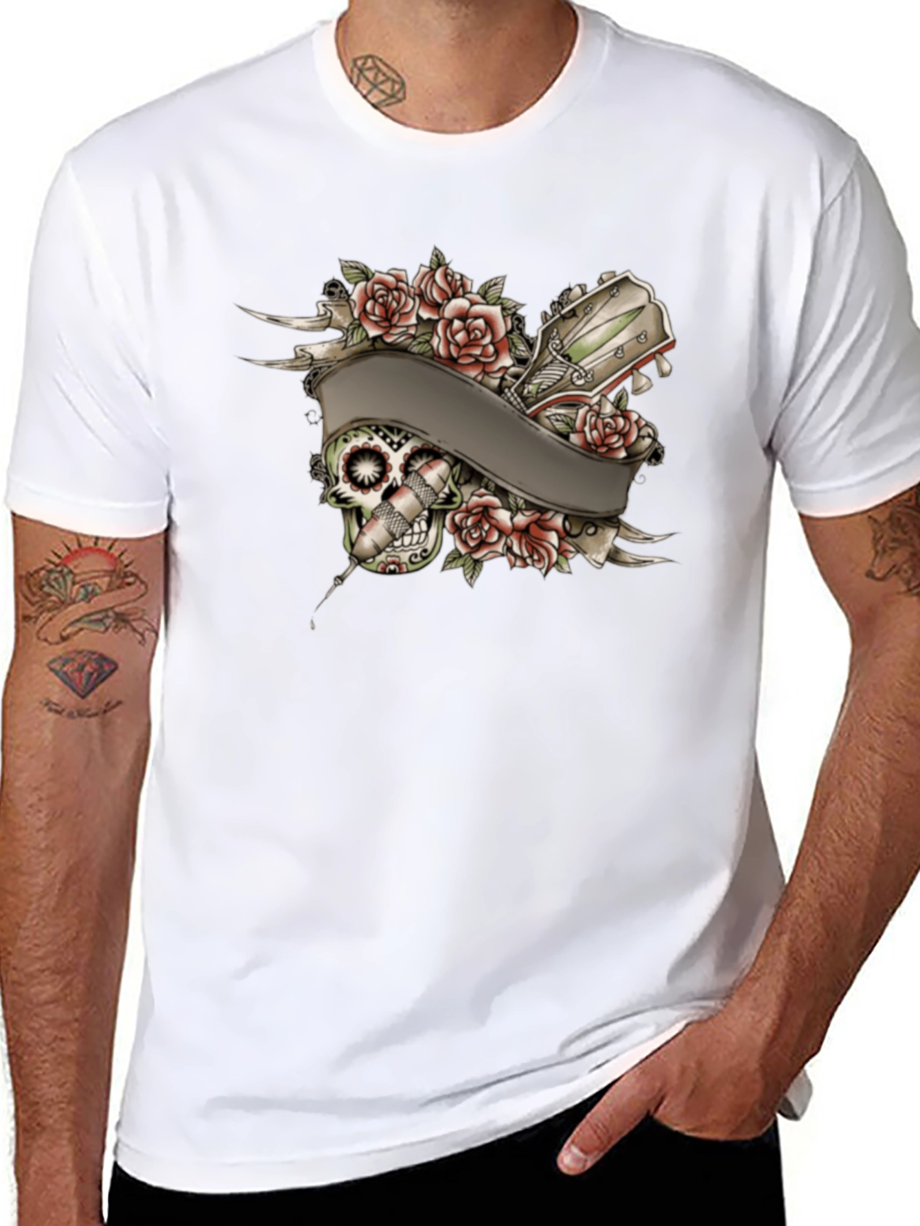 Skull Roses Tattoo Style Graphic Tee