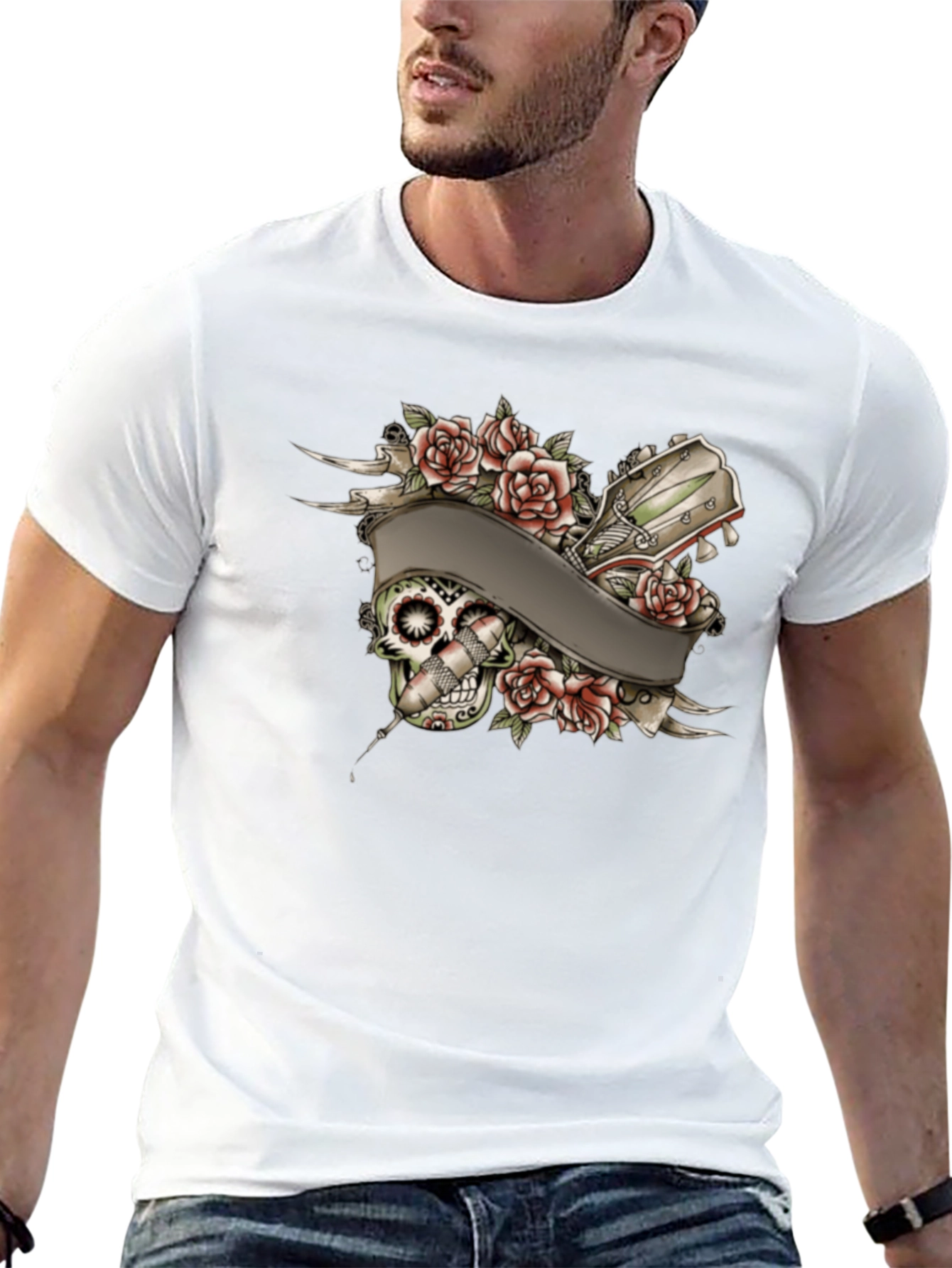 Skull Roses Tattoo Style Graphic Tee