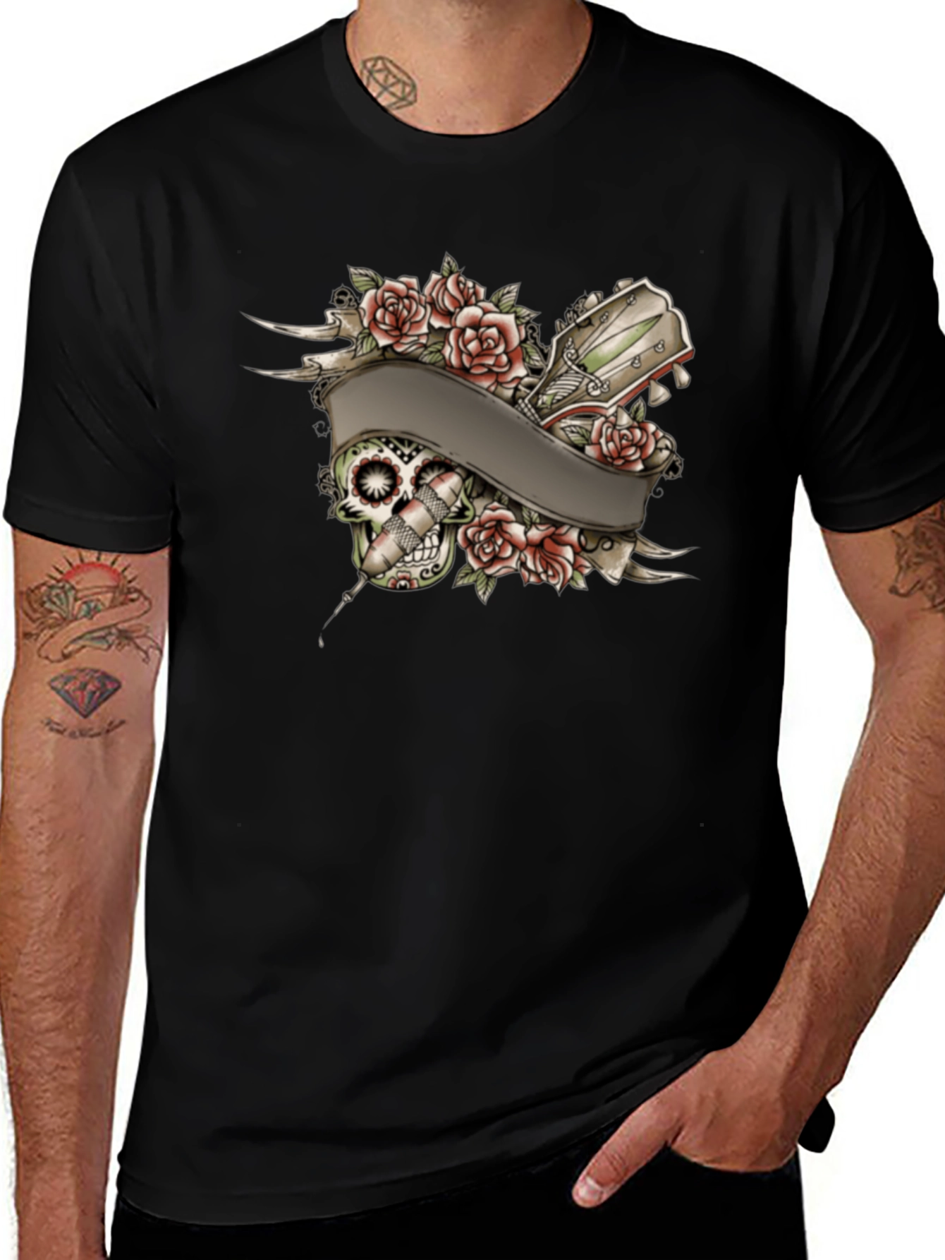 Skull Roses Tattoo Style Graphic Tee