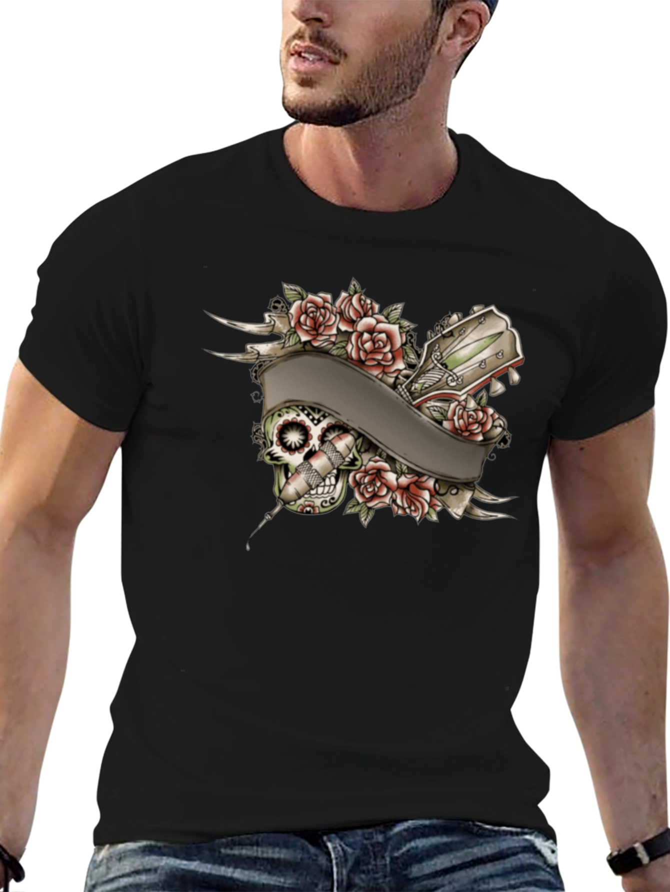 Skull Roses Tattoo Style Graphic Tee