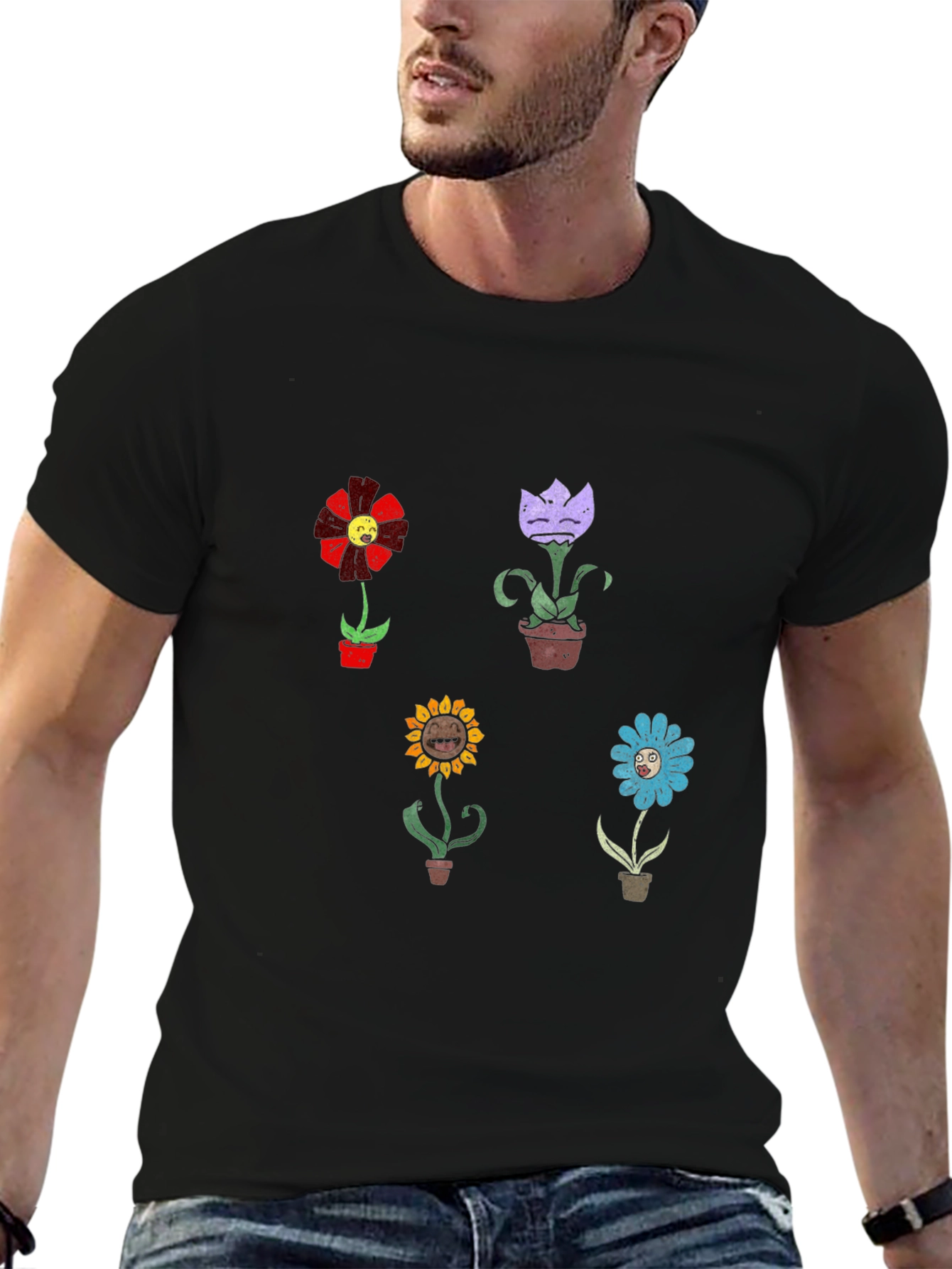 Cartoon Flower Graphic Print Black T-Shirt
