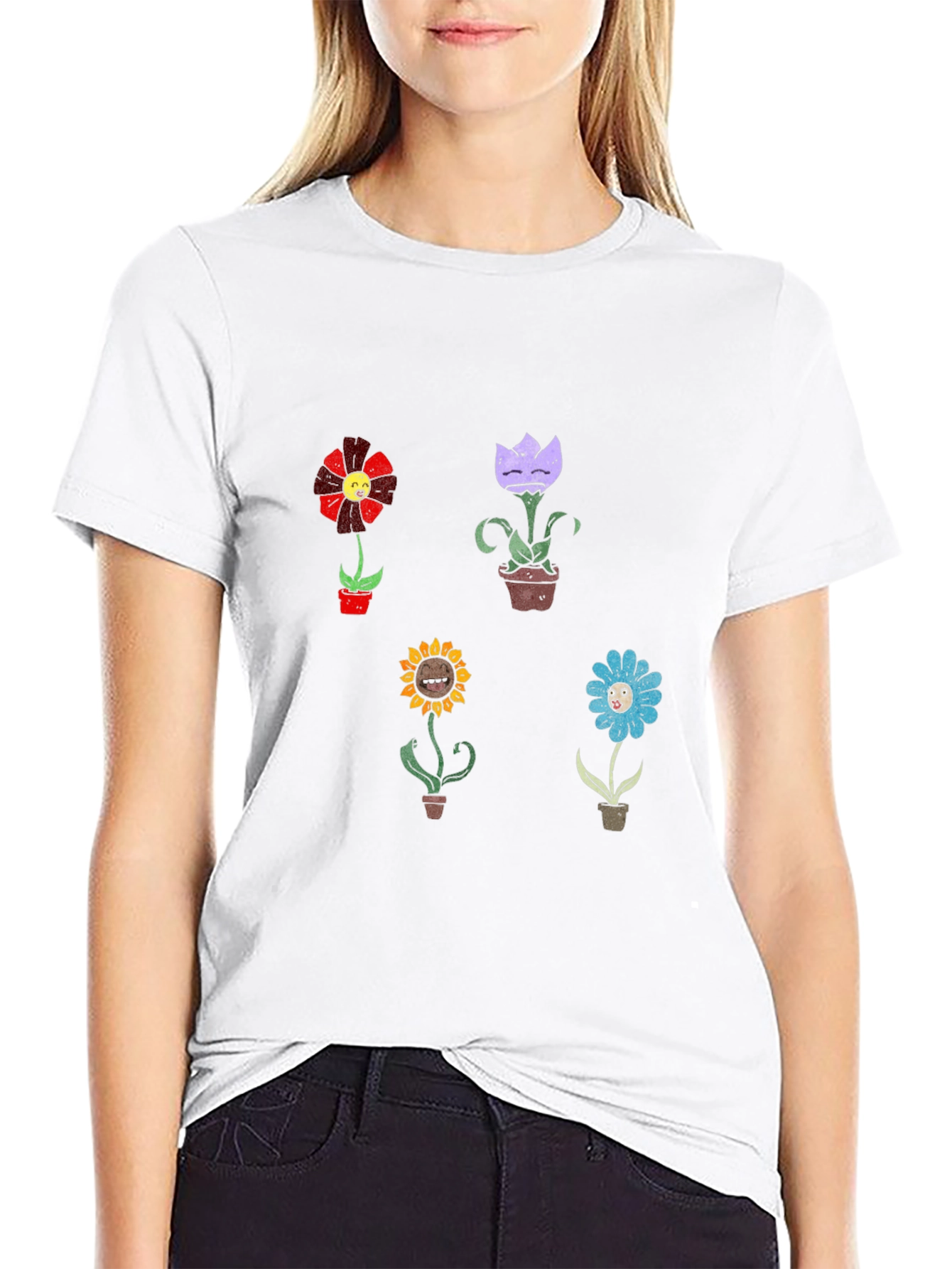 Cartoon Flower Graphic Print Black T-Shirt
