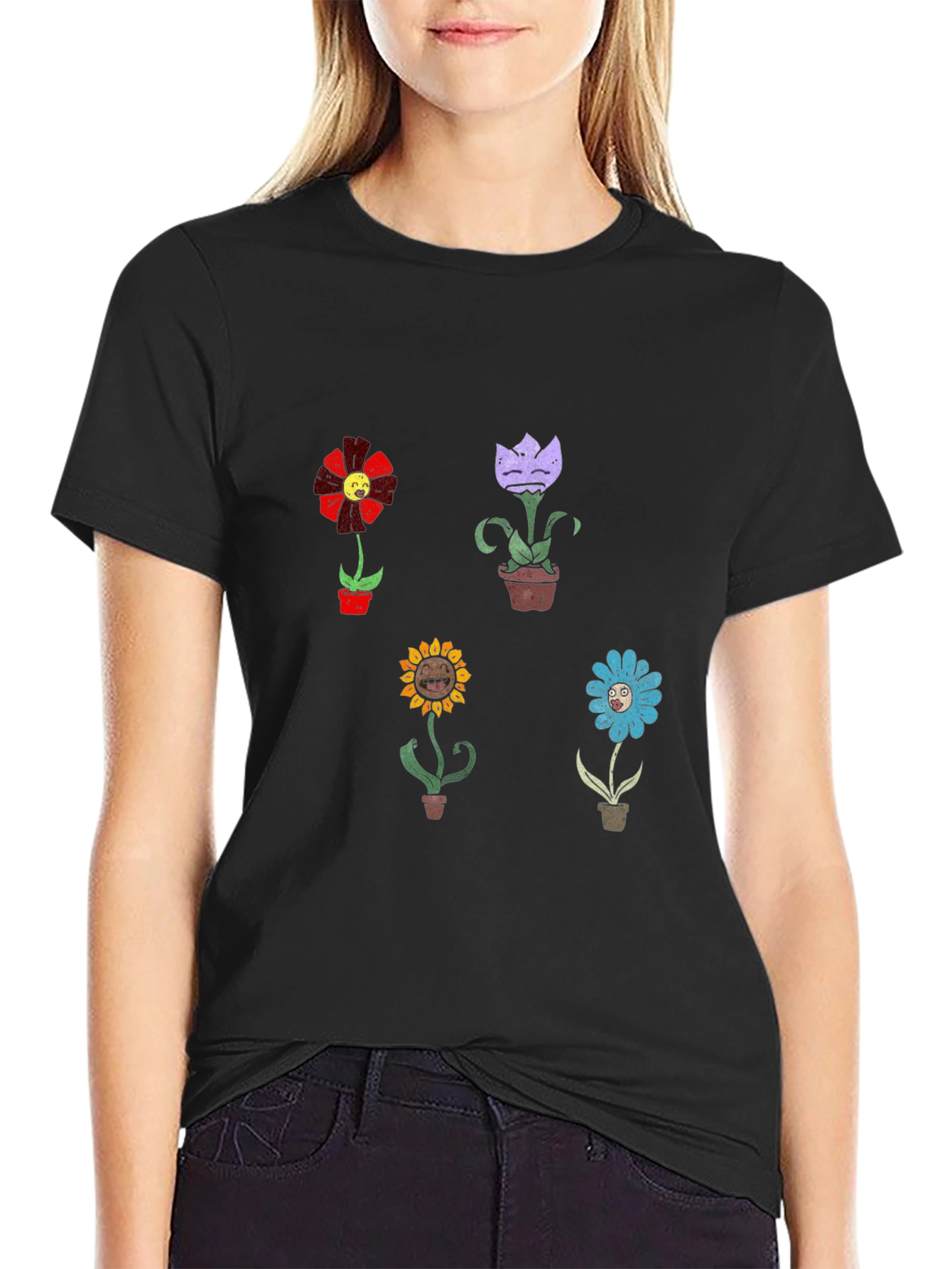Cartoon Flower Graphic Print Black T-Shirt