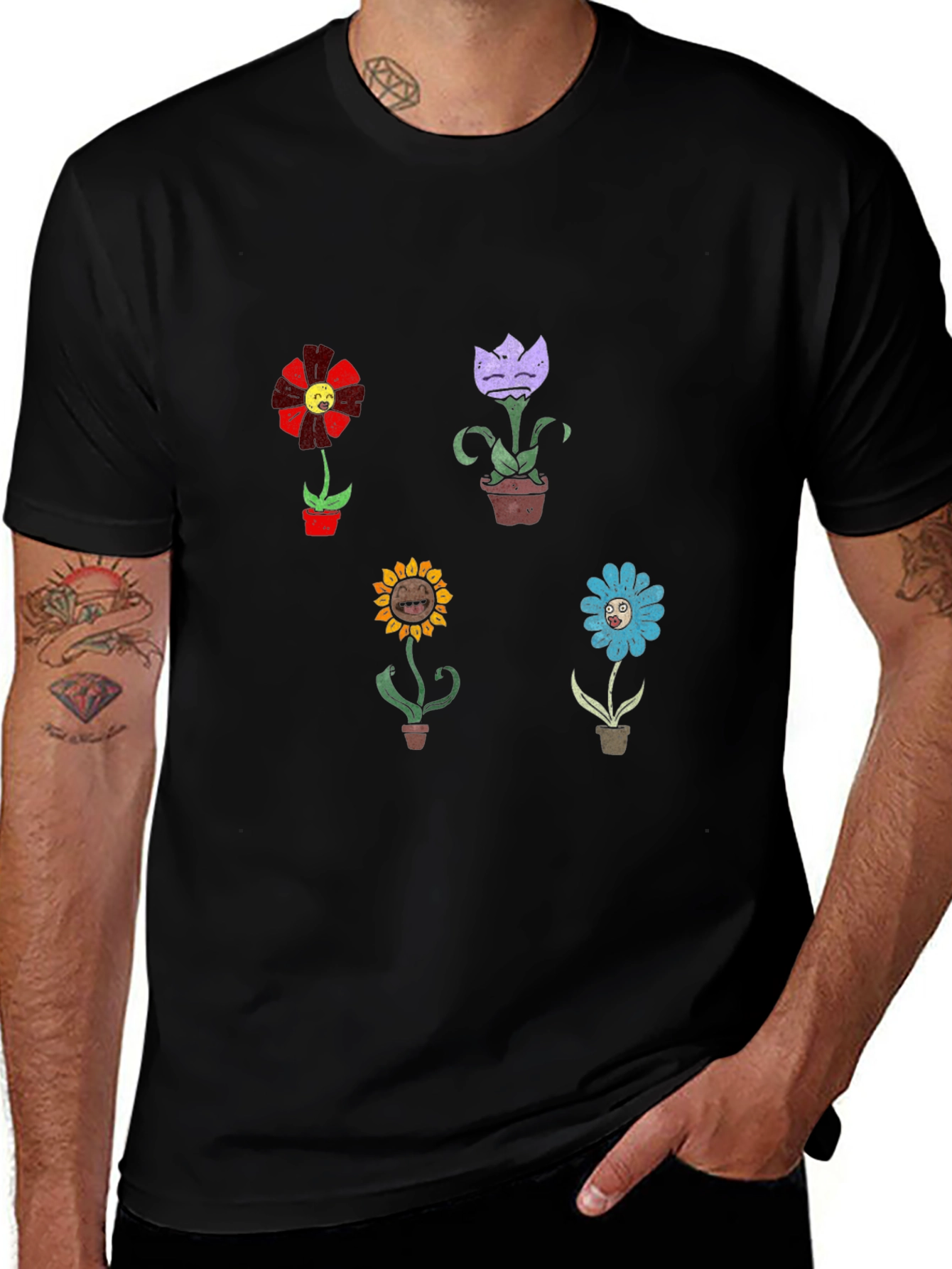 Cartoon Flower Graphic Print Black T-Shirt
