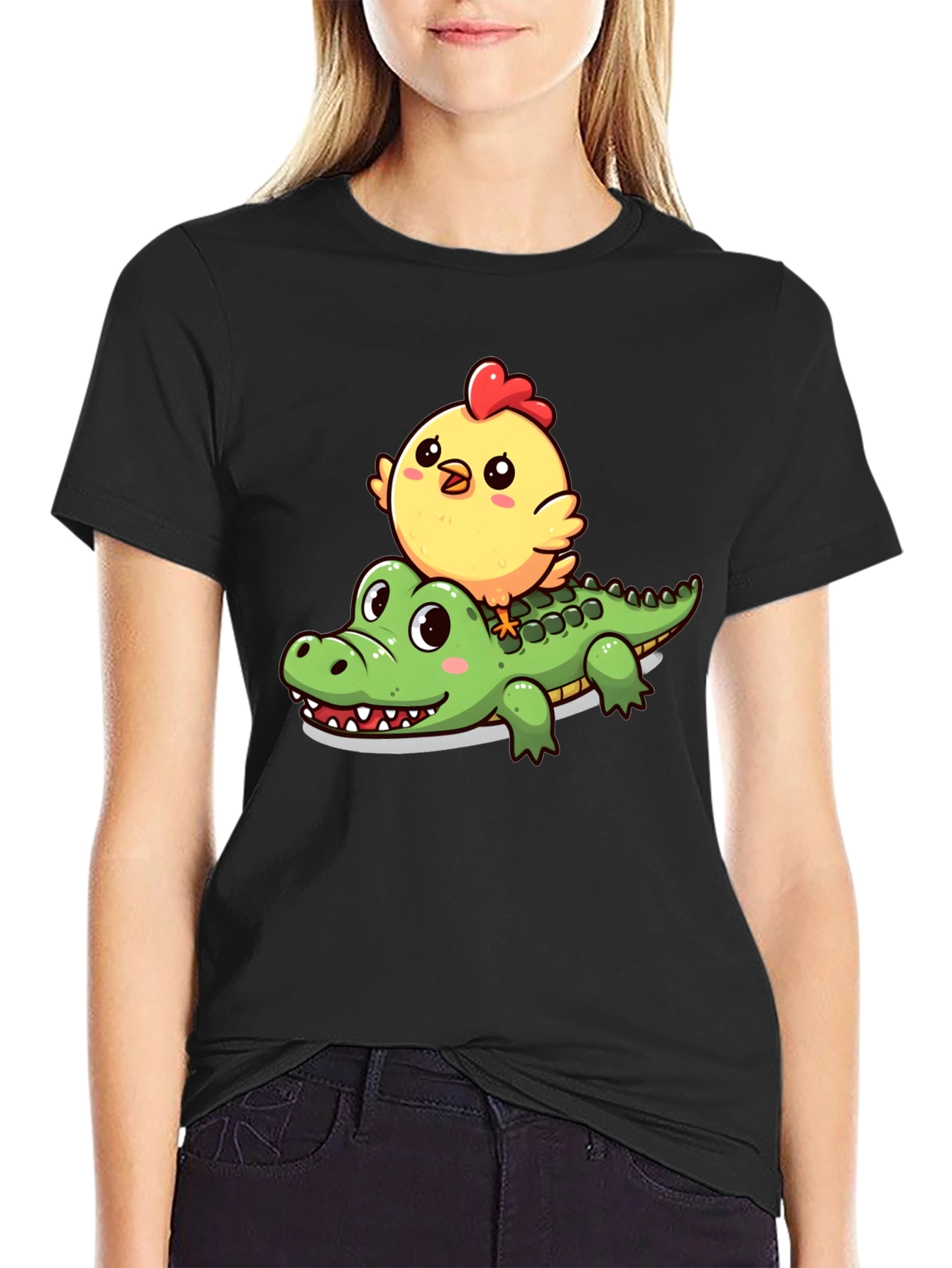 Cute Cartoon Animal T-Shirt: Chicken Riding Alligator