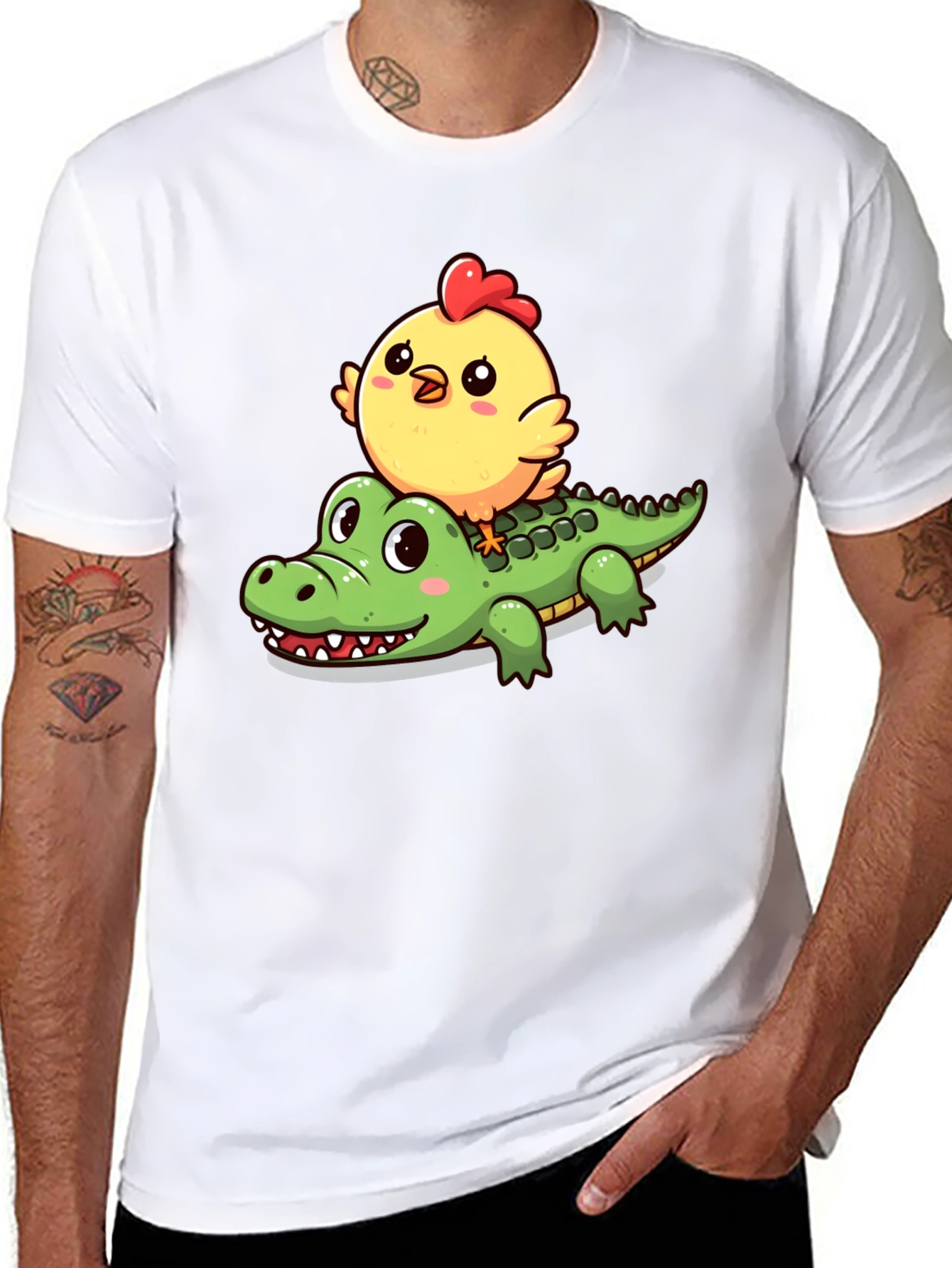 Cute Cartoon Animal T-Shirt: Chicken Riding Alligator