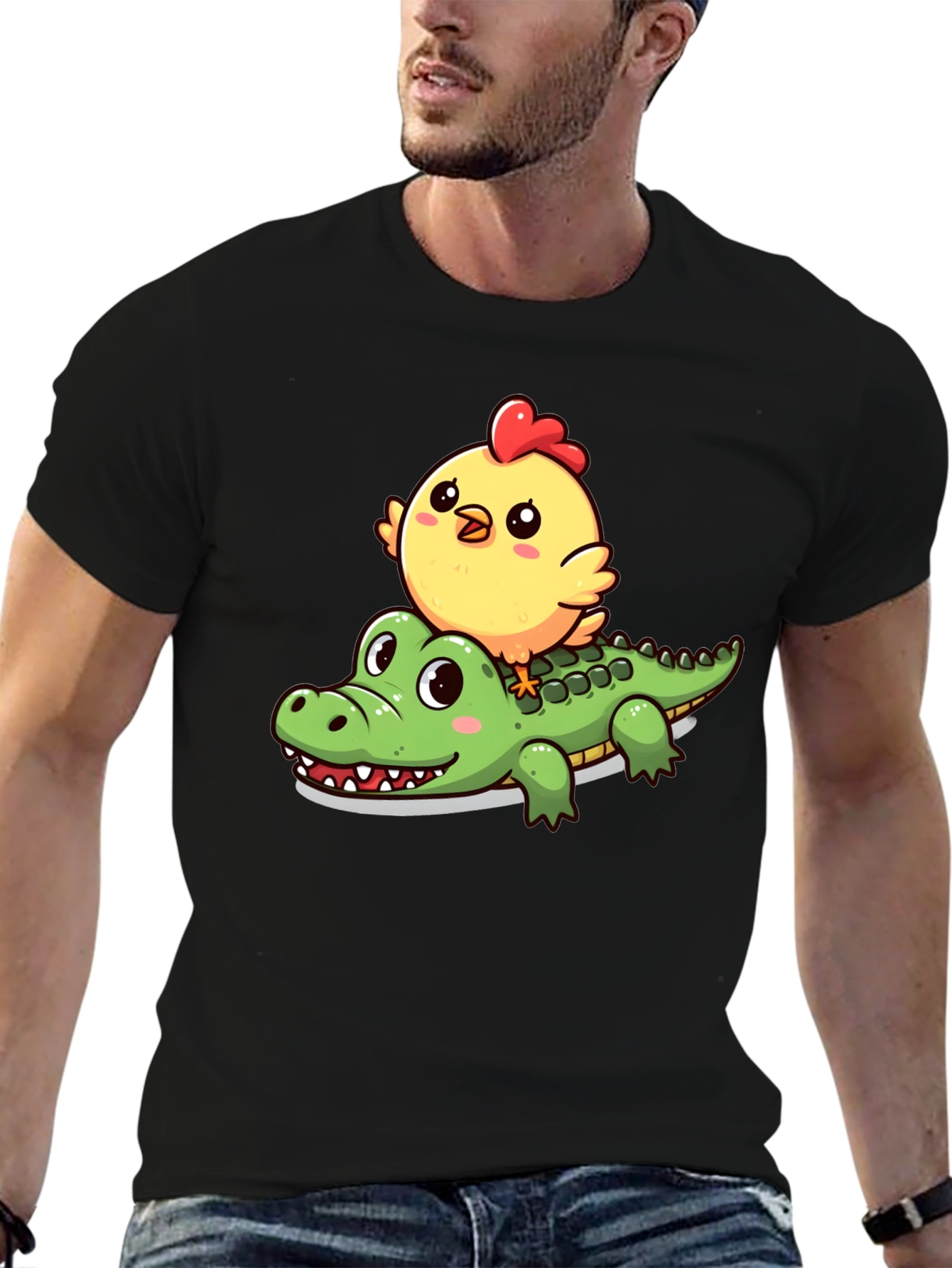 Cute Cartoon Animal T-Shirt: Chicken Riding Alligator
