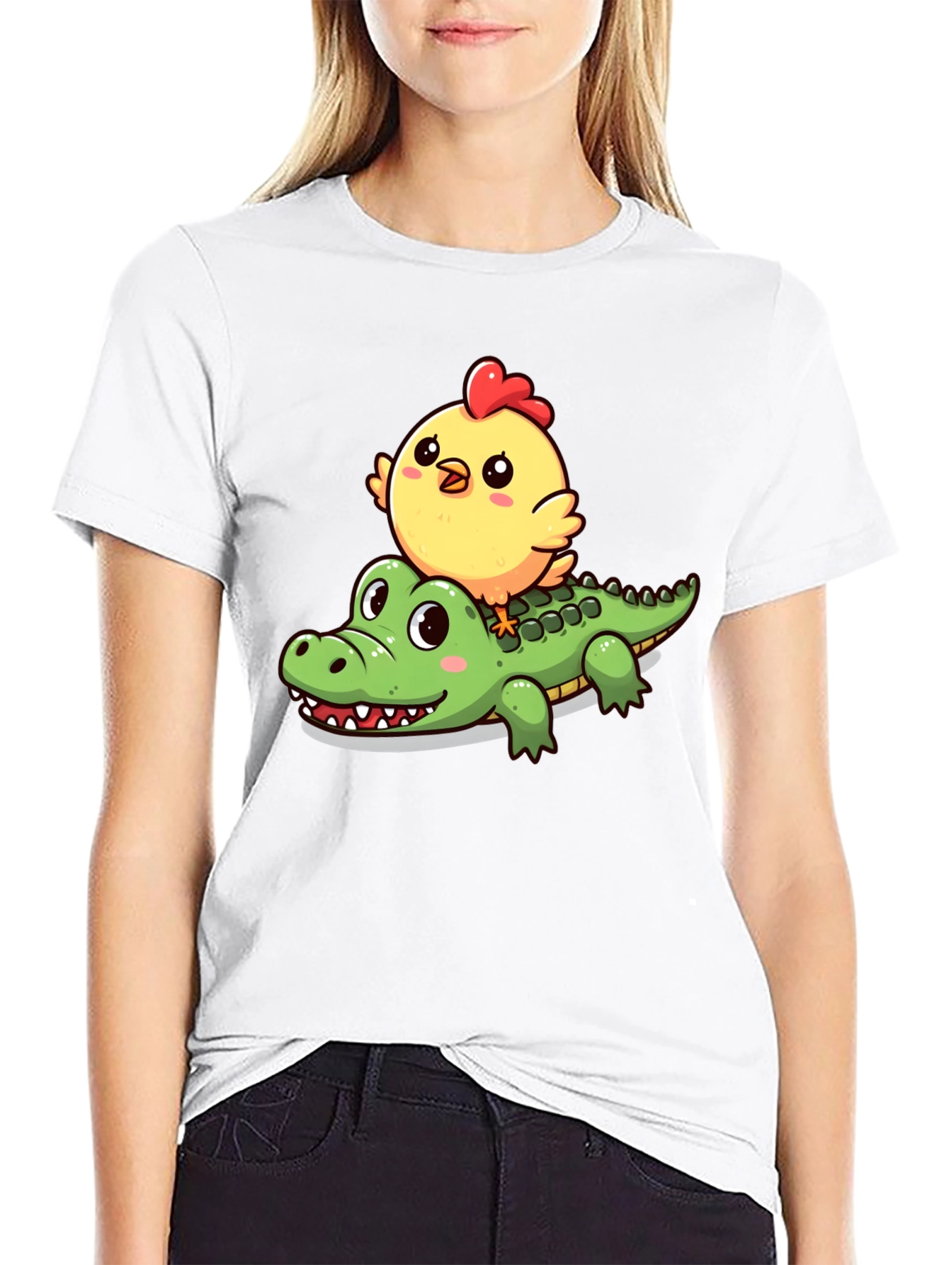 Cute Cartoon Animal T-Shirt: Chicken Riding Alligator
