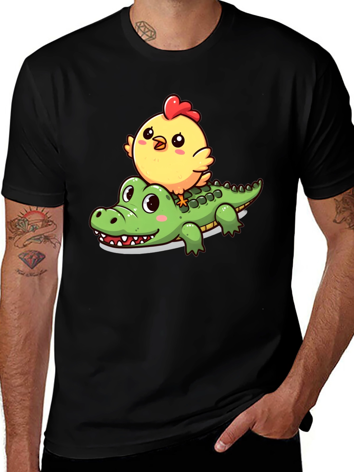 Cute Cartoon Animal T-Shirt: Chicken Riding Alligator