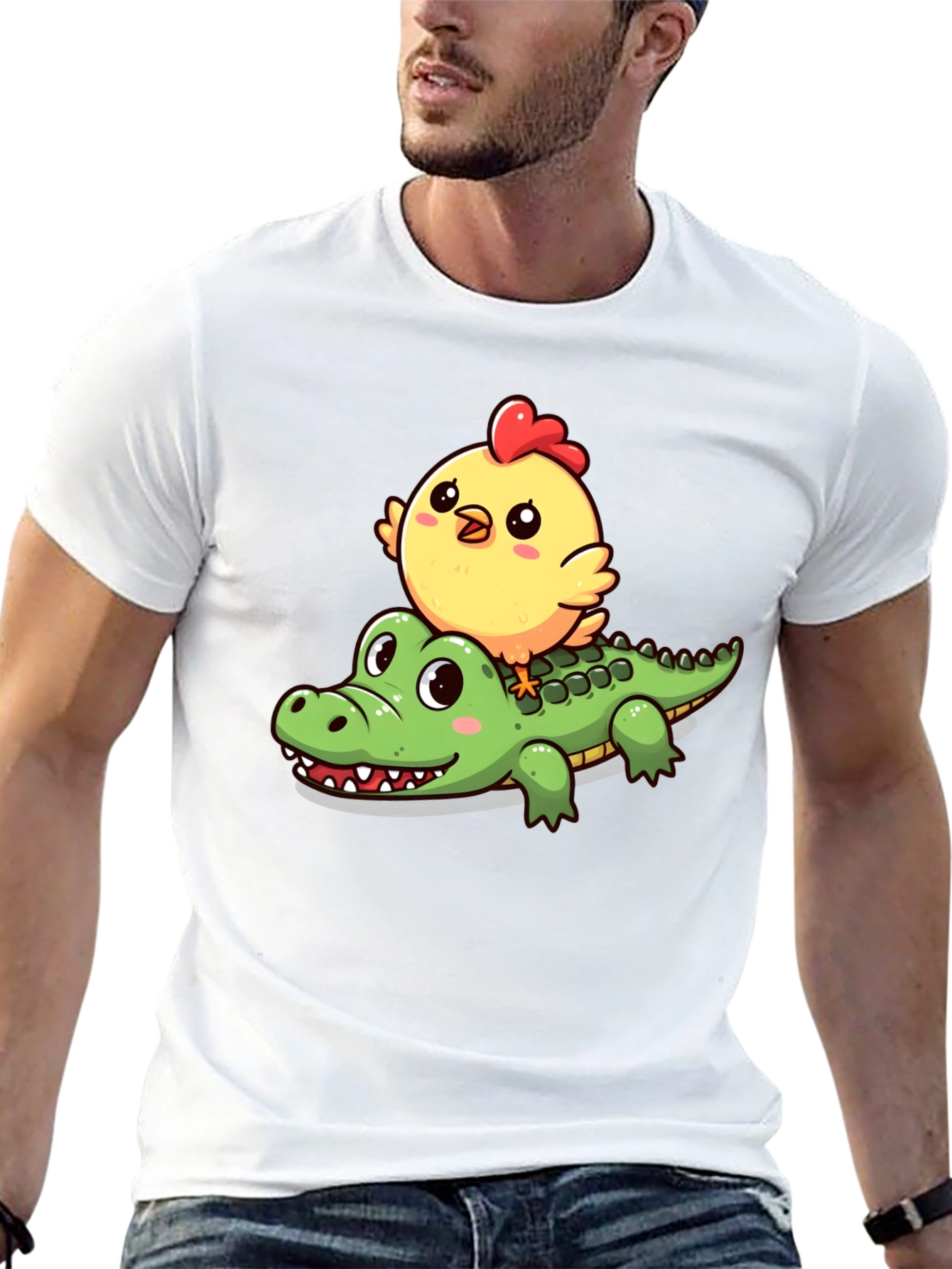 Cute Cartoon Animal T-Shirt: Chicken Riding Alligator