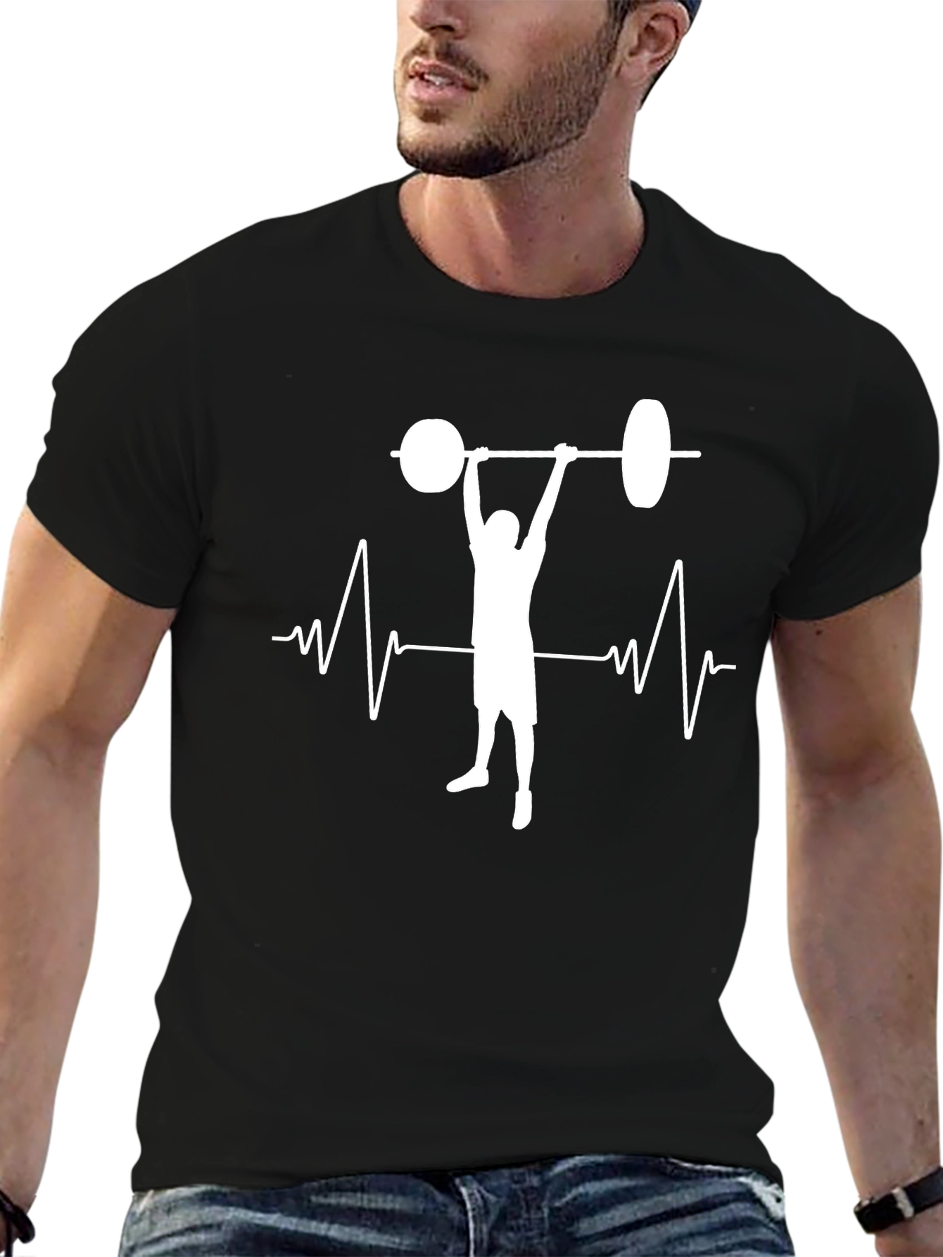 Weightlifter Heartbeat Graphic Tee - Black Cotton Gym Shirt