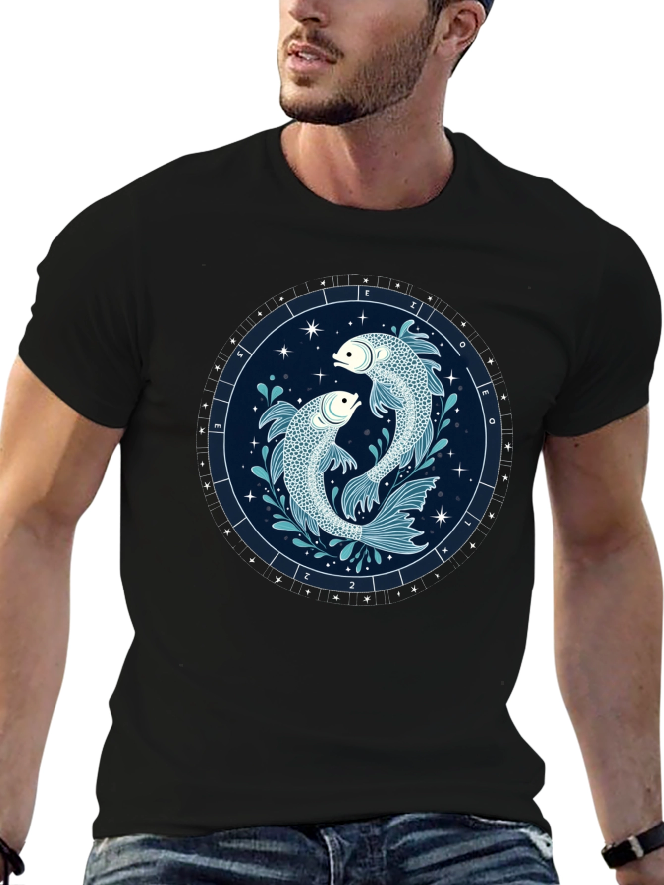 Pisces Zodiac Graphic Tee - Black