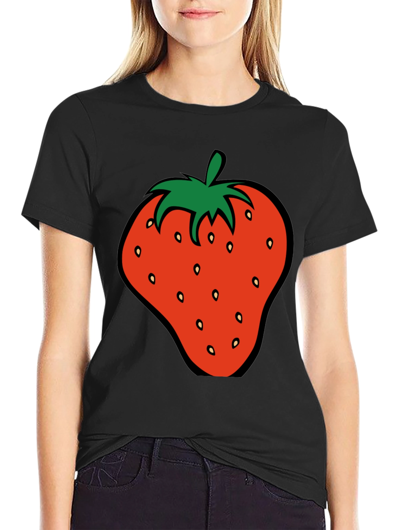 Strawberry Graphic Tee - Black Cotton T-Shirt