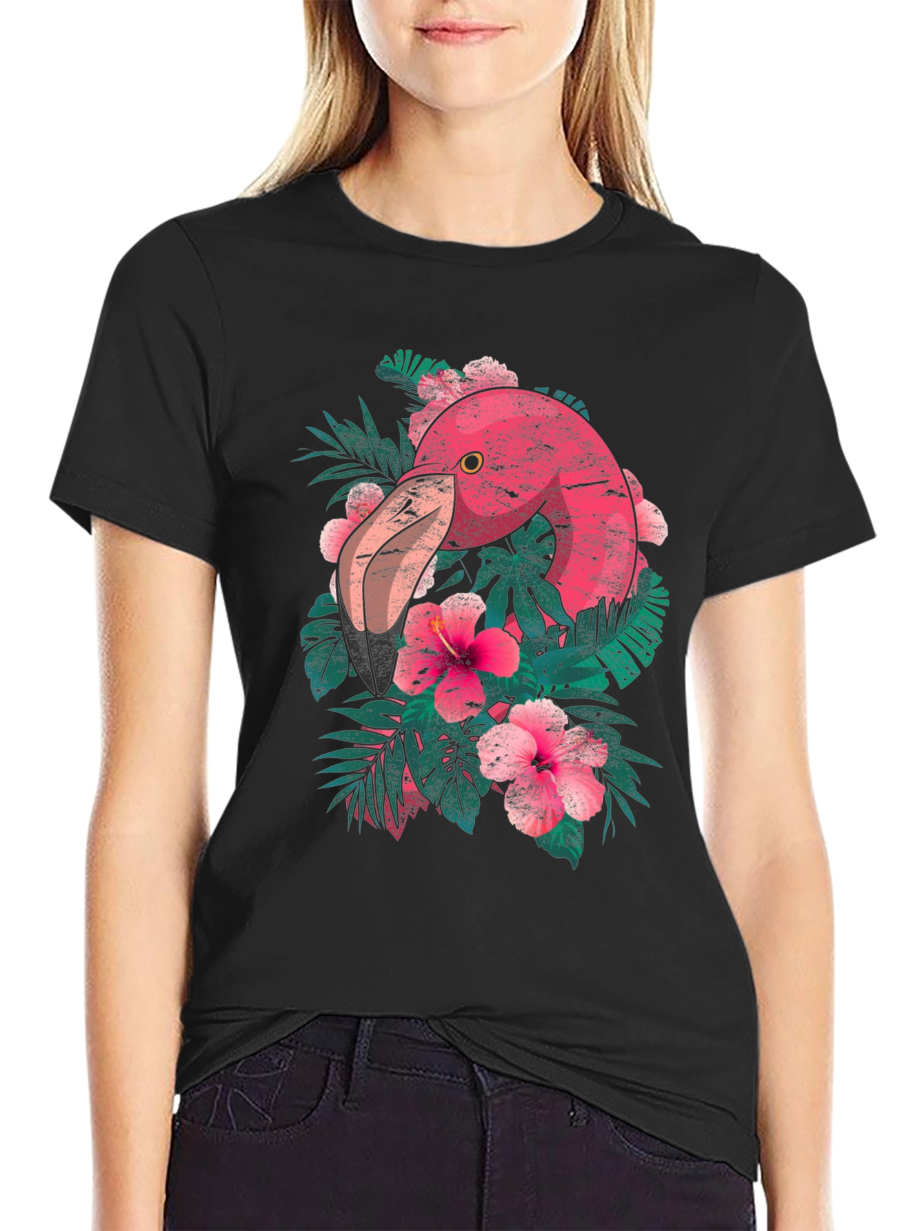 Tropical Flamingo Graphic Tee - Black