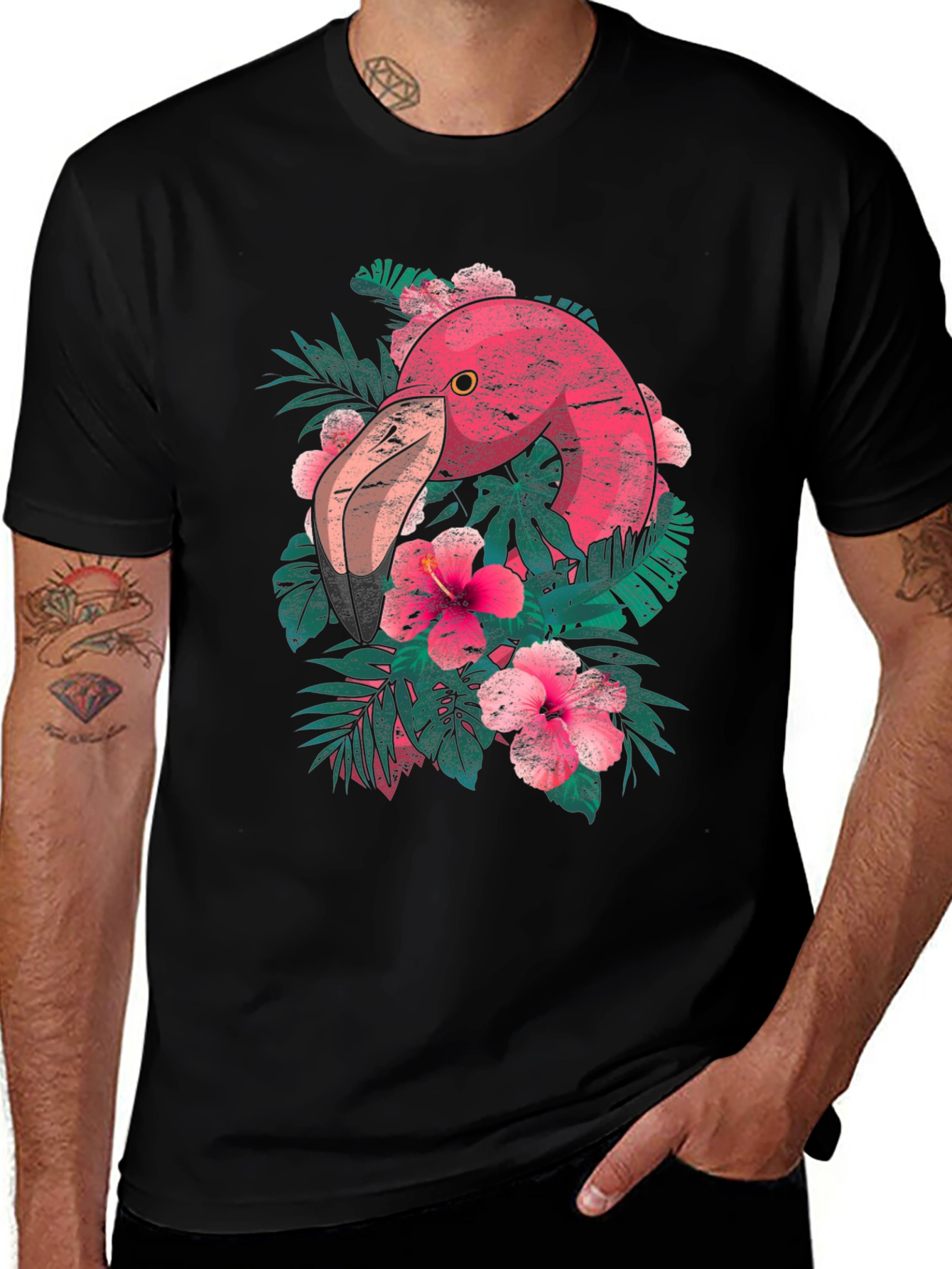 Tropical Flamingo Graphic Tee - Black