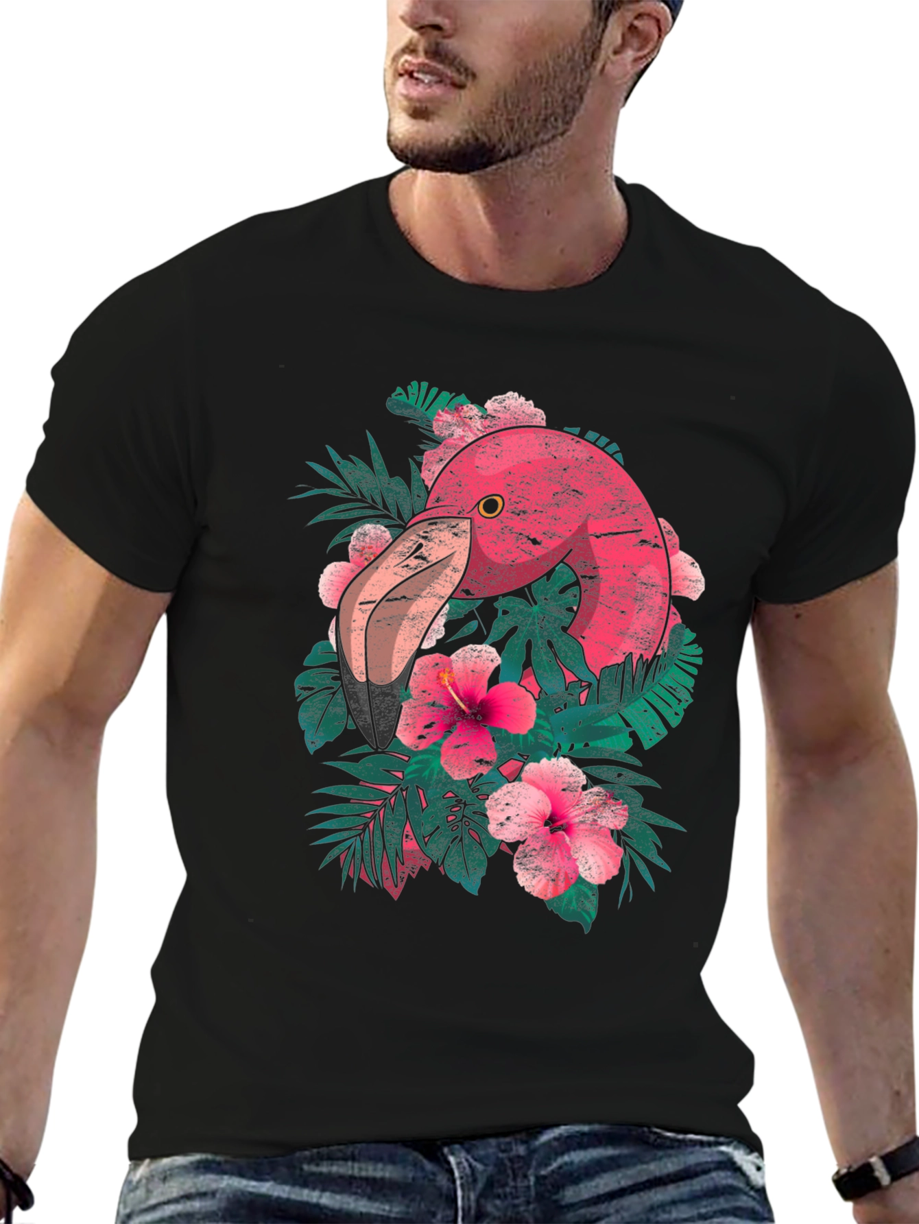 Tropical Flamingo Graphic Tee - Black