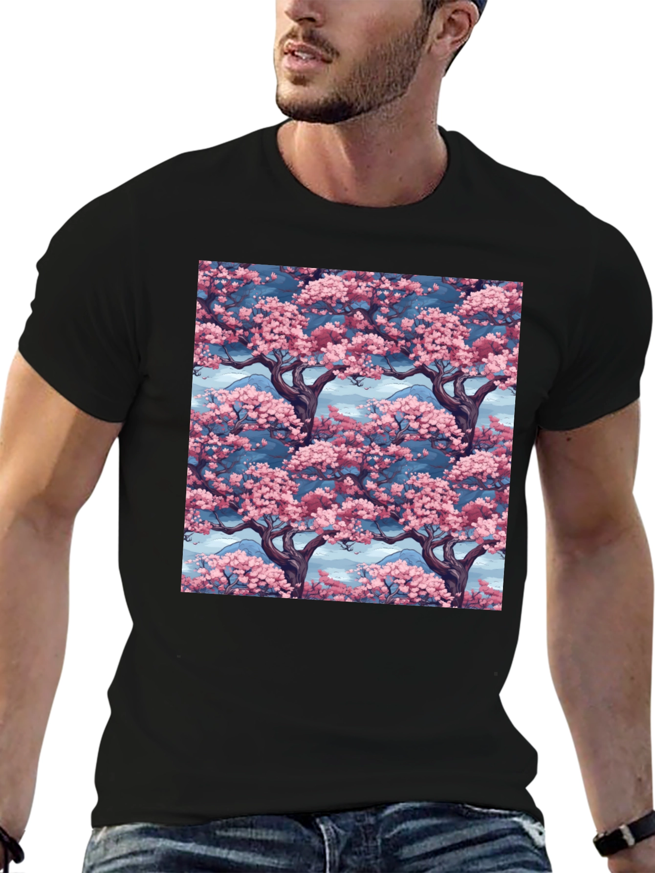 Sakura Tree Print Black T-Shirt