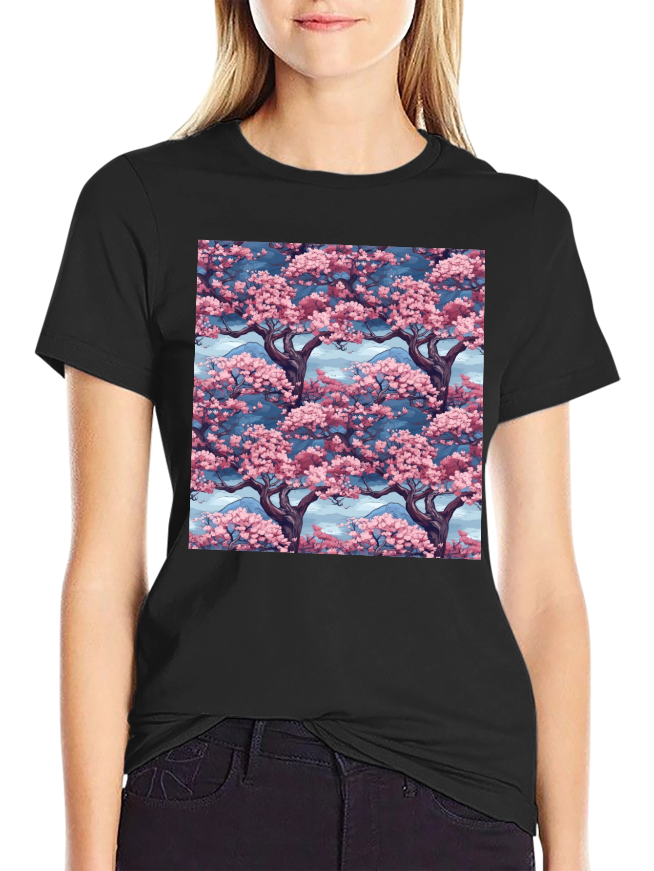 Sakura Tree Print Black T-Shirt