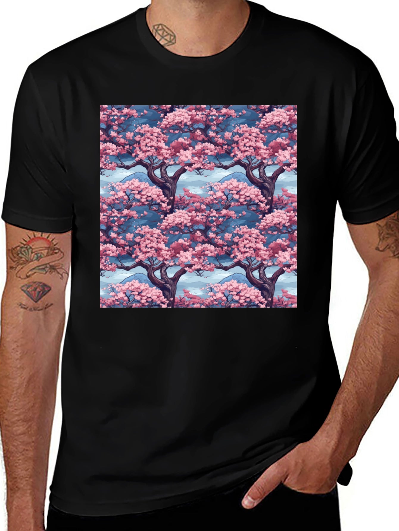 Sakura Tree Print Black T-Shirt