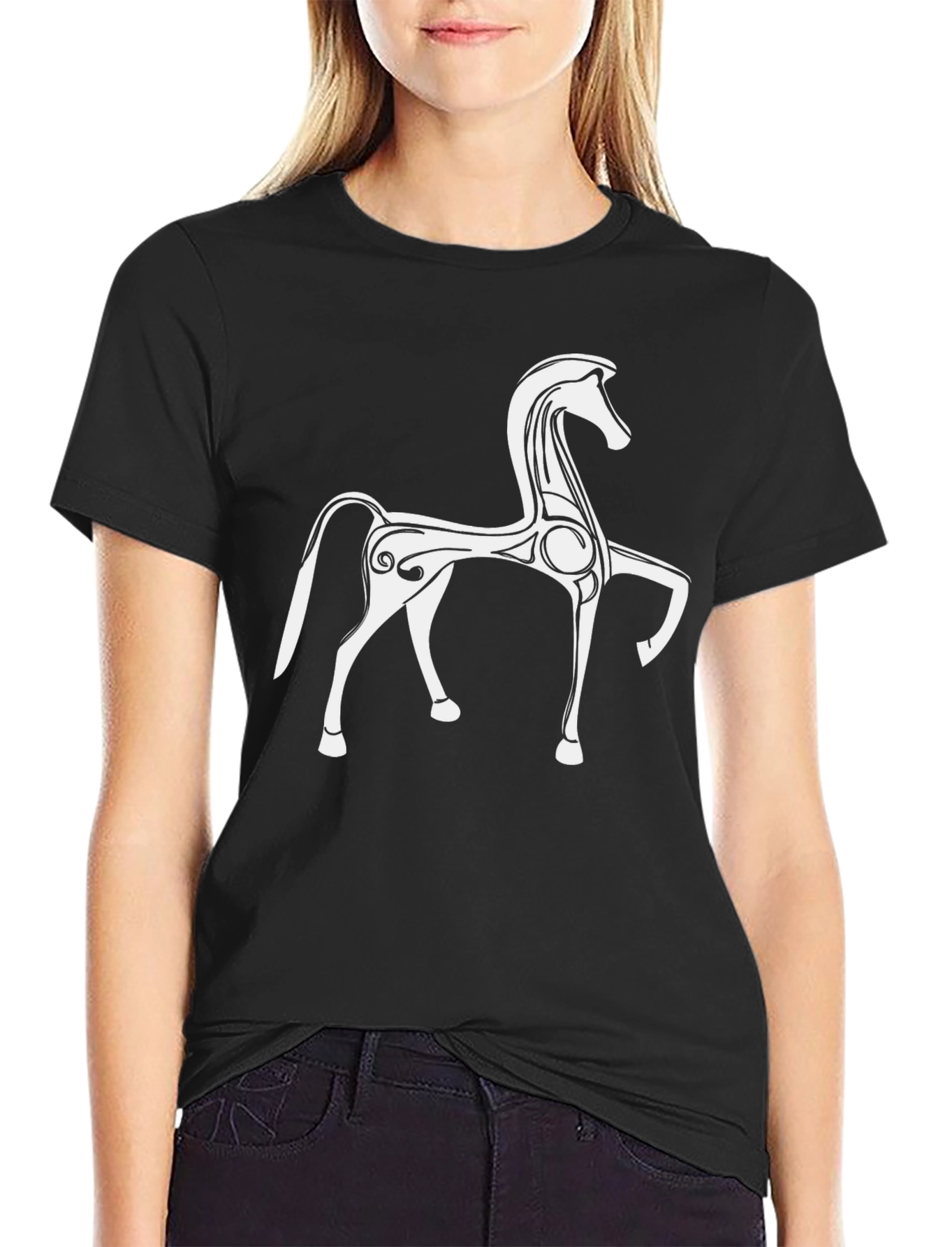 Stylish Black T-Shirt with White Horse Graphic