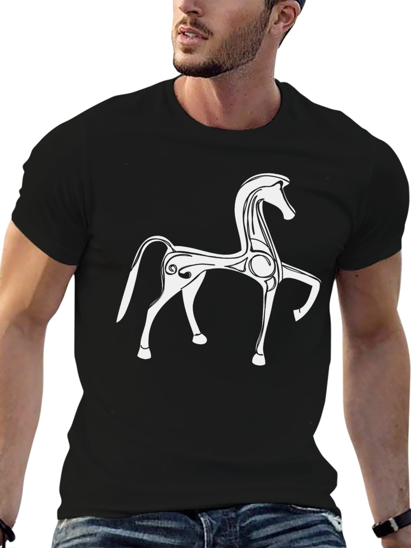 Stylish Black T-Shirt with White Horse Graphic