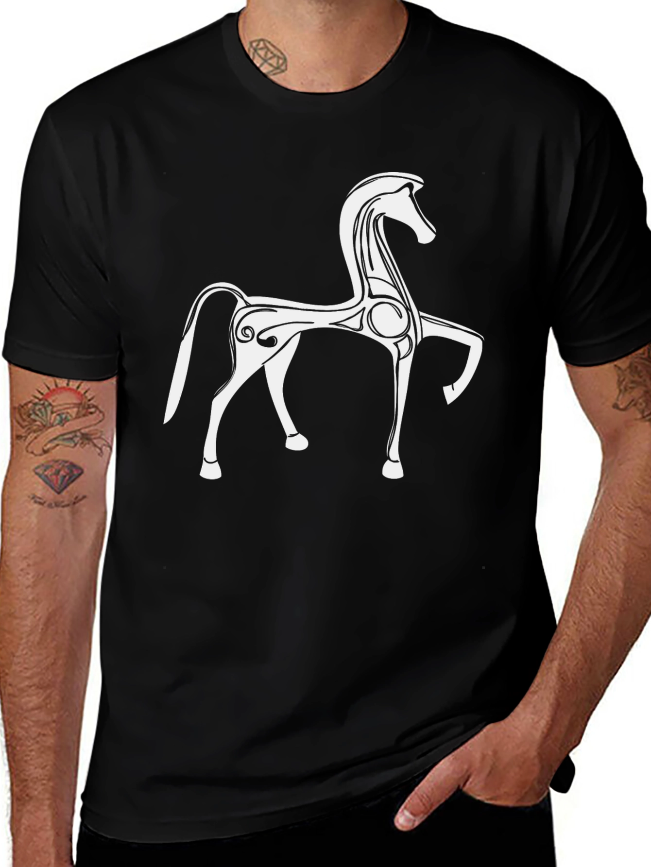 Stylish Black T-Shirt with White Horse Graphic