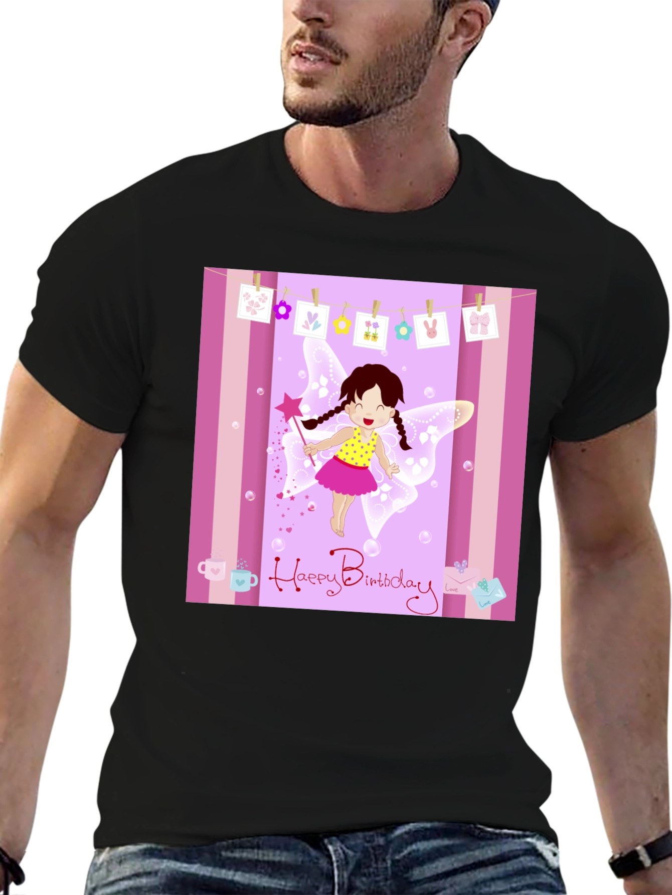 Birthday Fairy Graphic Tee - Black Cotton Blend T-Shirt
