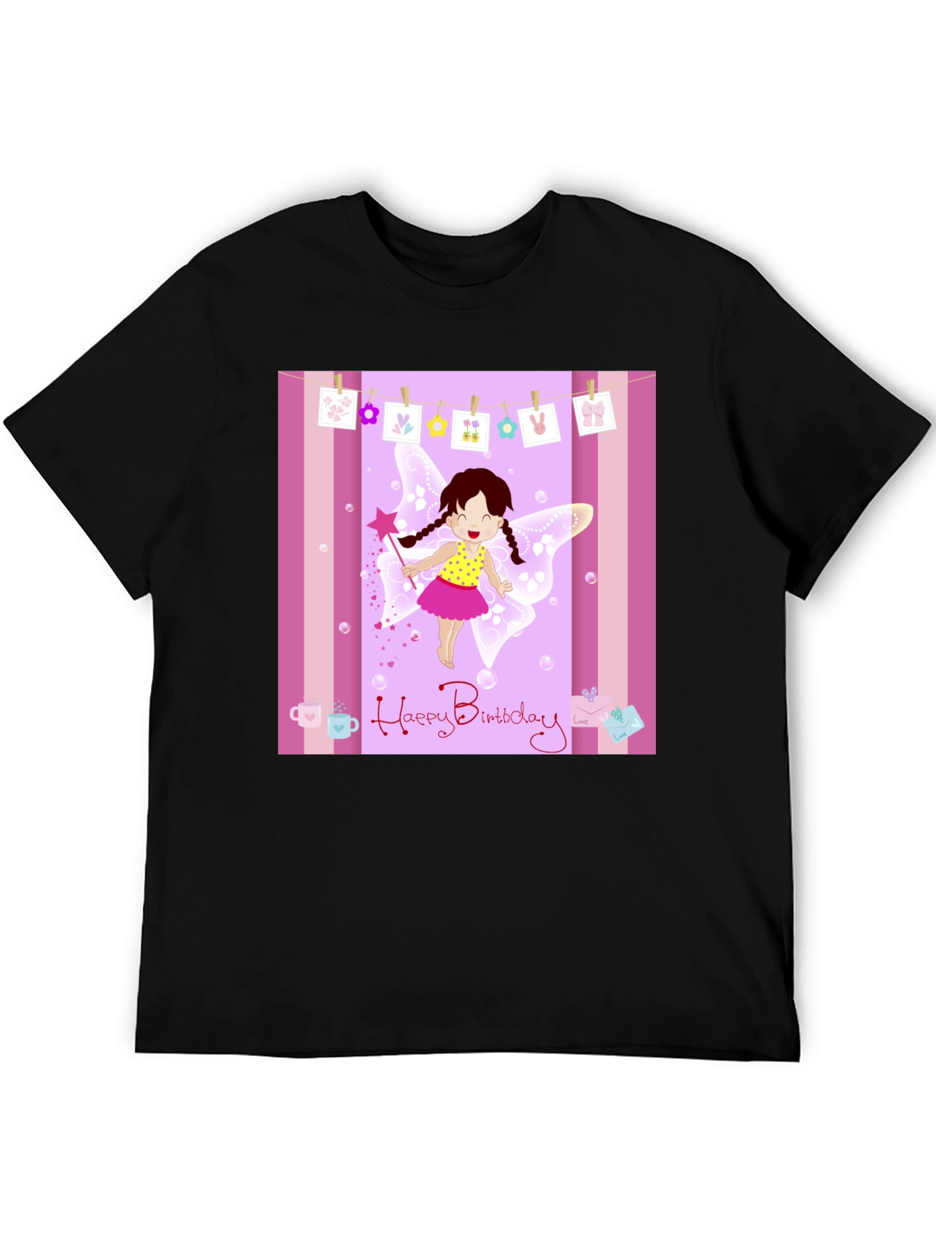 Birthday Fairy Graphic Tee - Black Cotton Blend T-Shirt