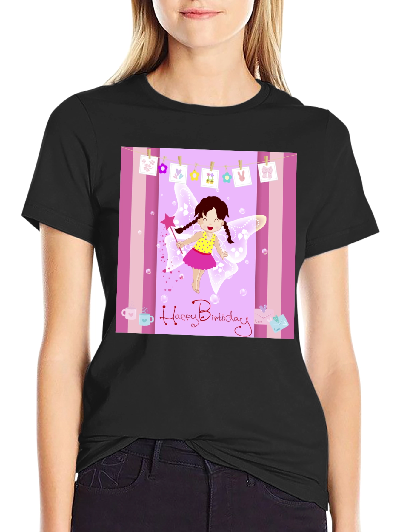 Birthday Fairy Graphic Tee - Black Cotton Blend T-Shirt