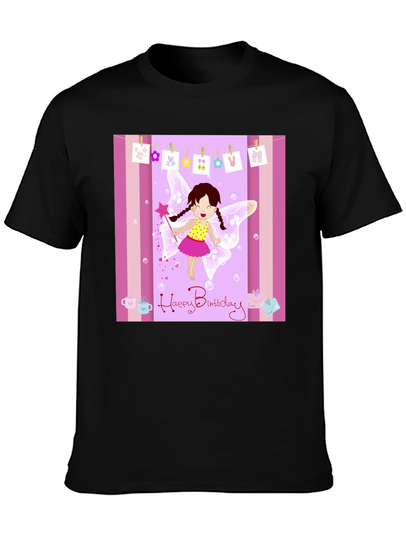 Birthday Fairy Graphic Tee - Black Cotton Blend T-Shirt
