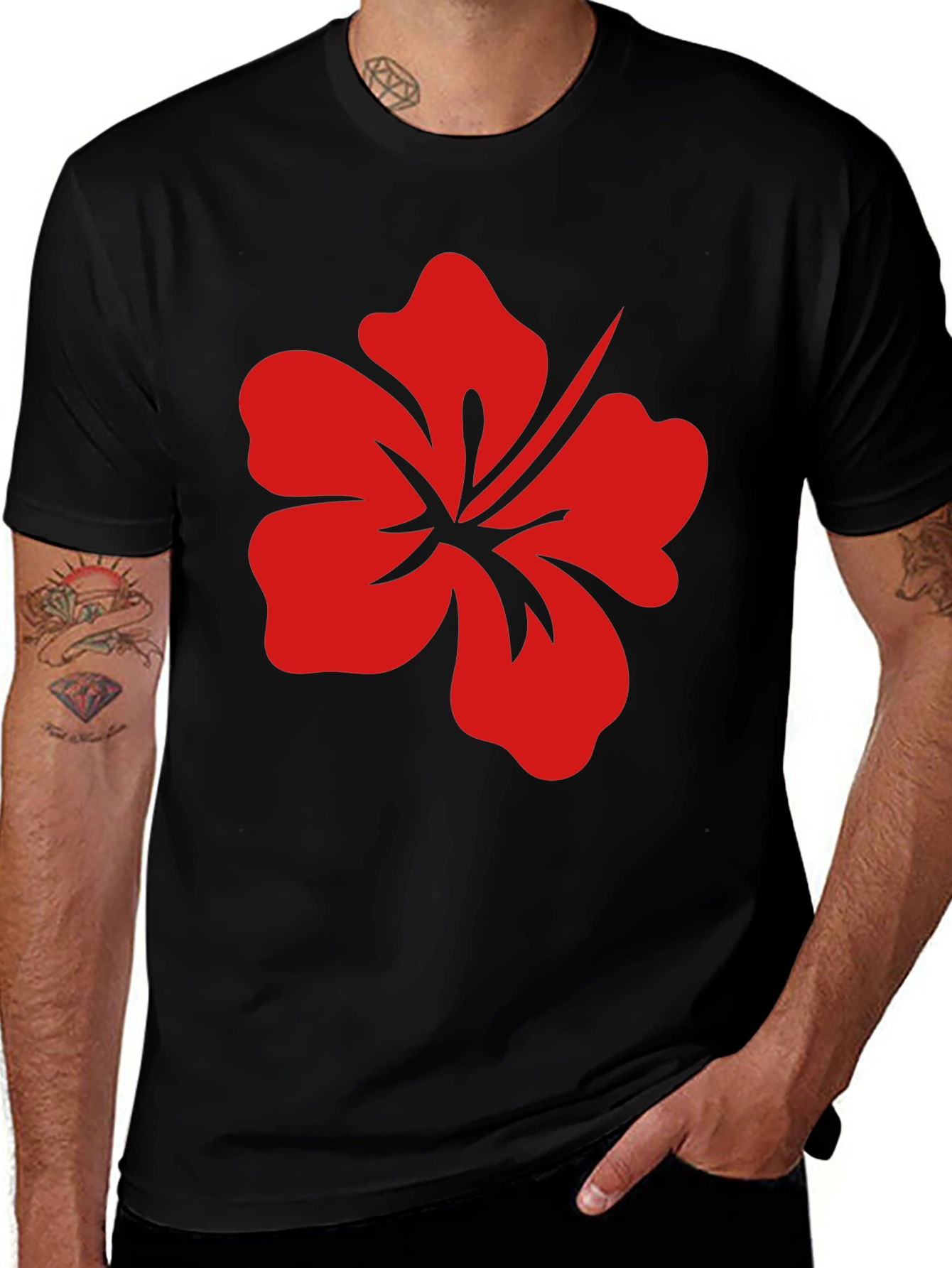 Black T-Shirt with Red Hibiscus Flower
