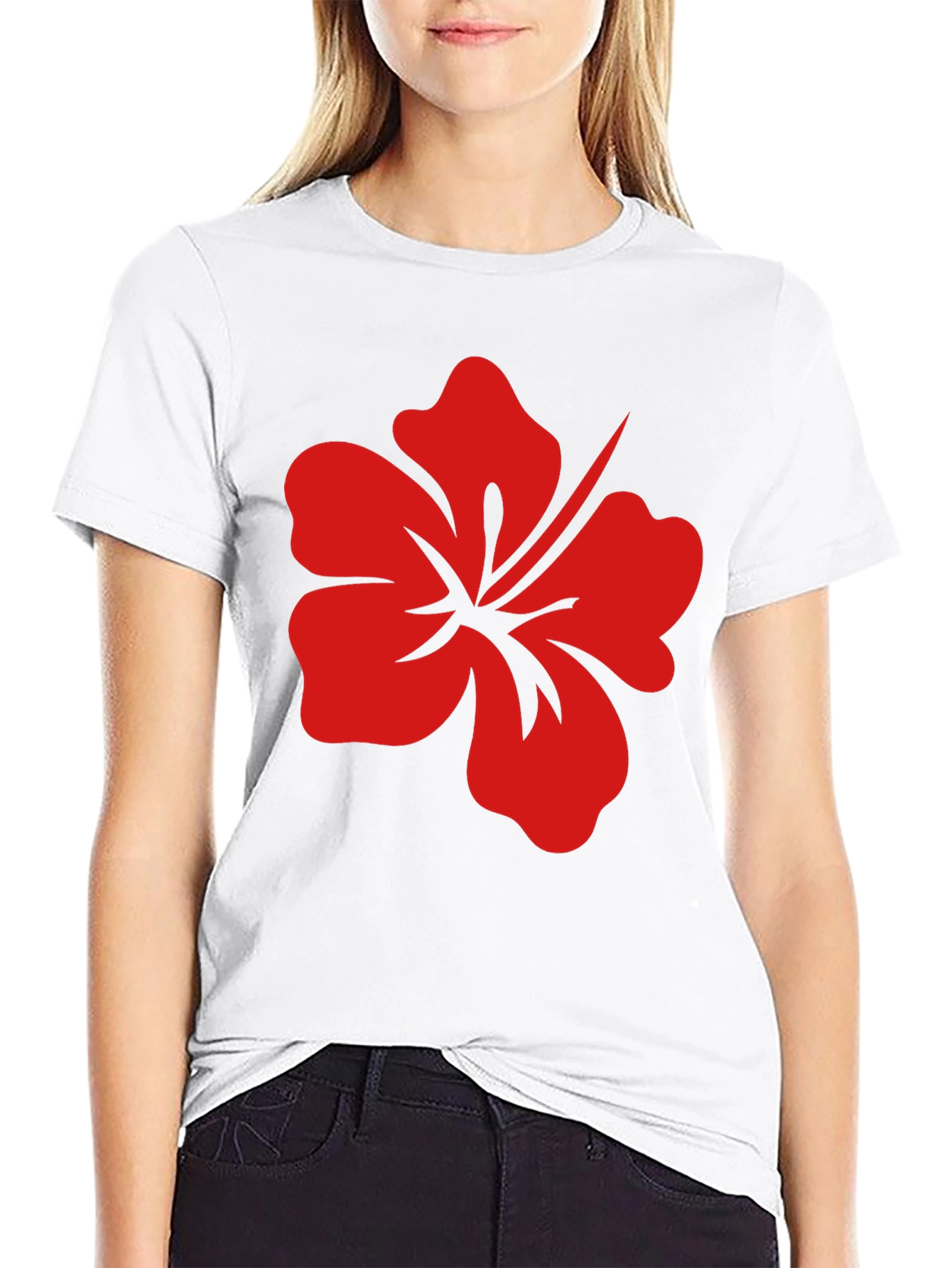 Black T-Shirt with Red Hibiscus Flower