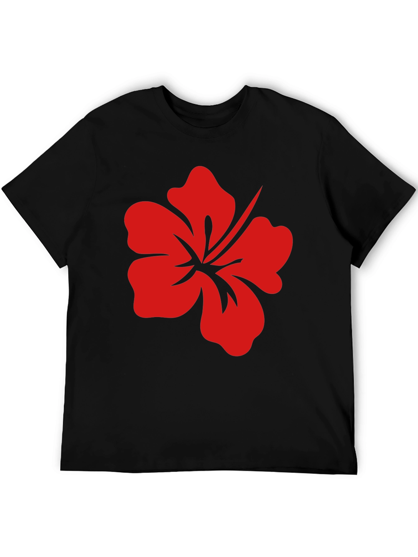 Black T-Shirt with Red Hibiscus Flower