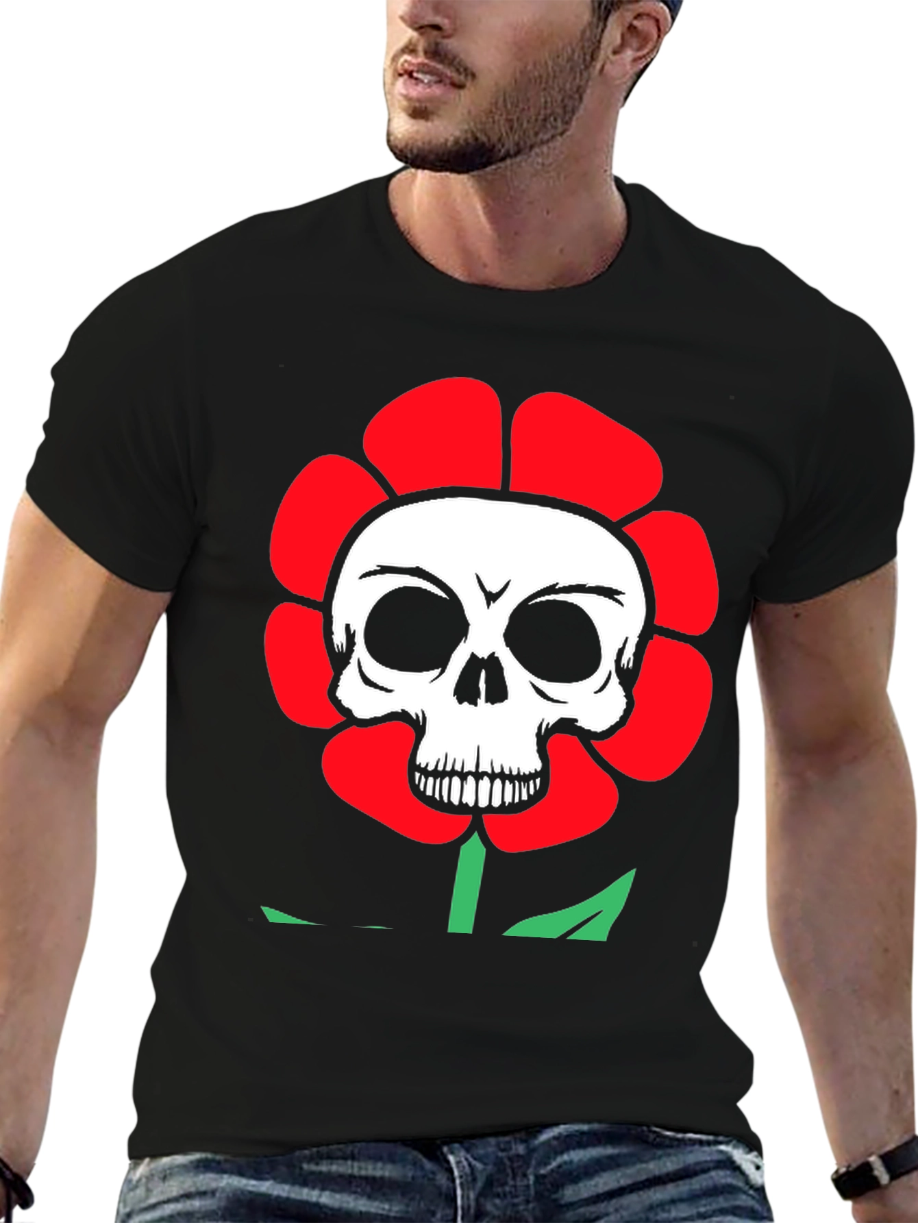 Skull Flower Graphic Tee - Black Cotton T-Shirt