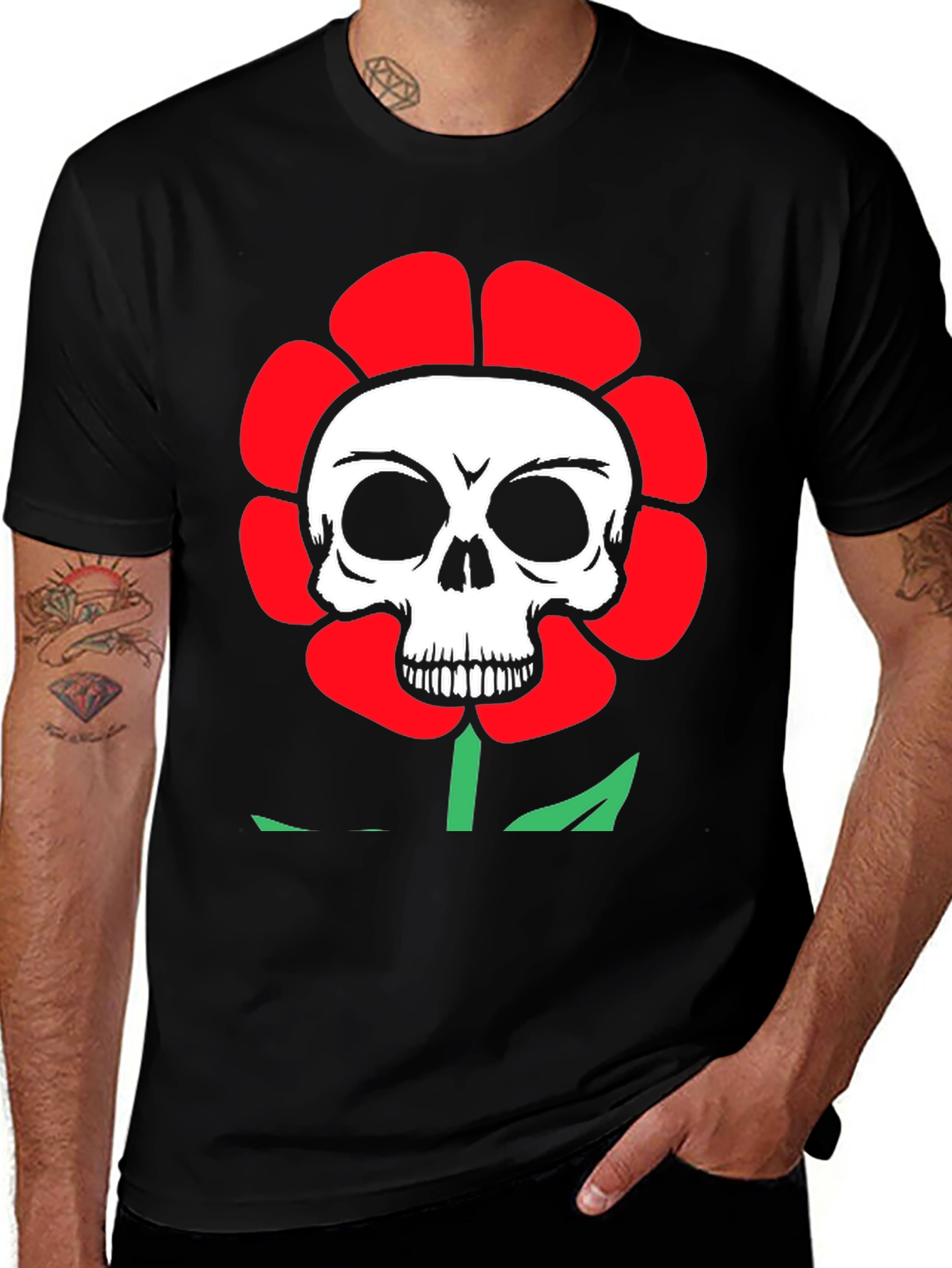 Skull Flower Graphic Tee - Black Cotton T-Shirt