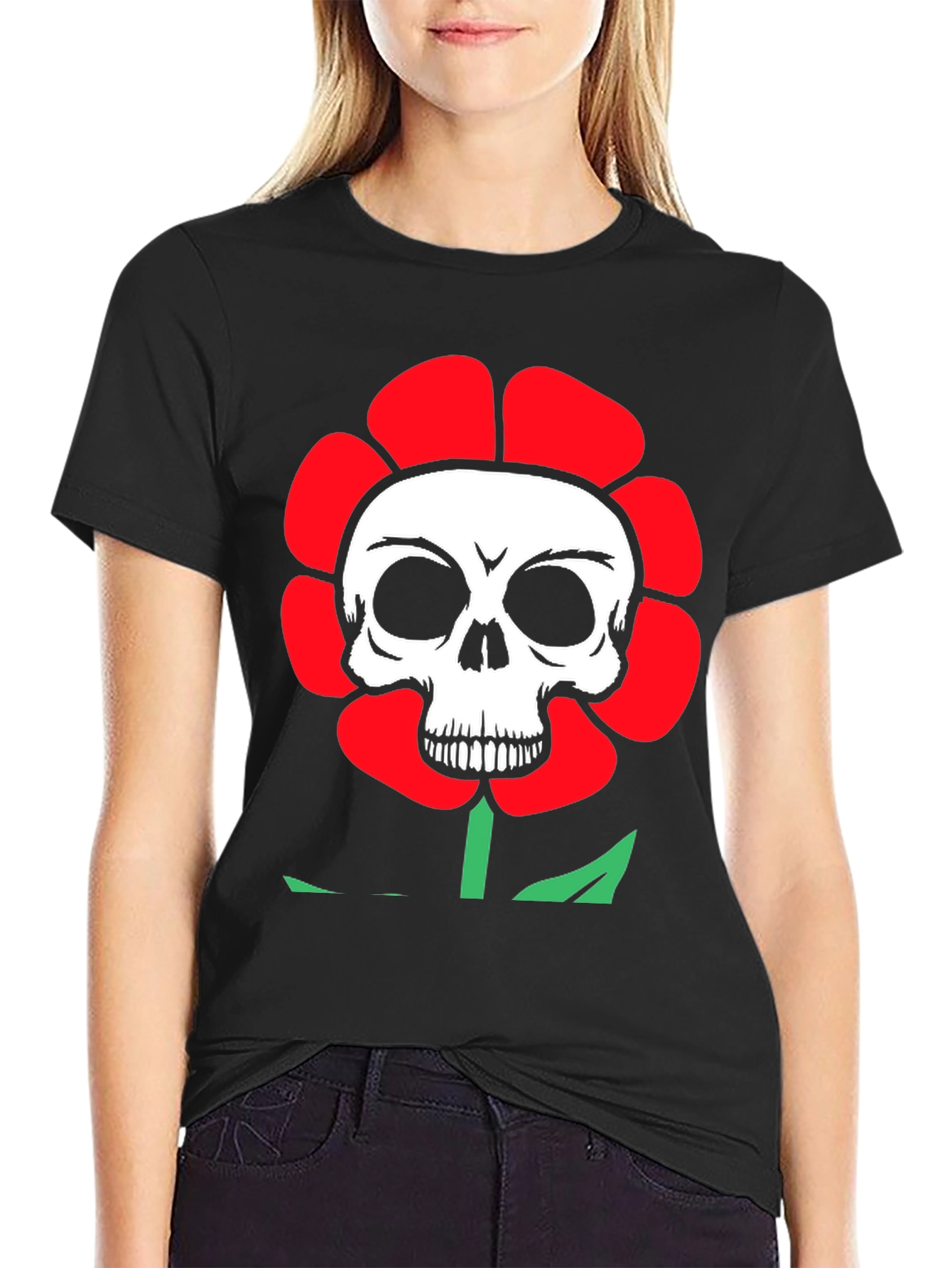 Skull Flower Graphic Tee - Black Cotton T-Shirt