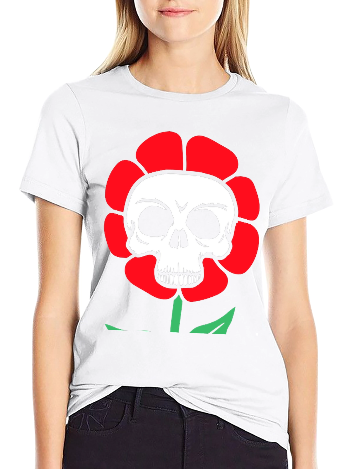 Skull Flower Graphic Tee - Black Cotton T-Shirt