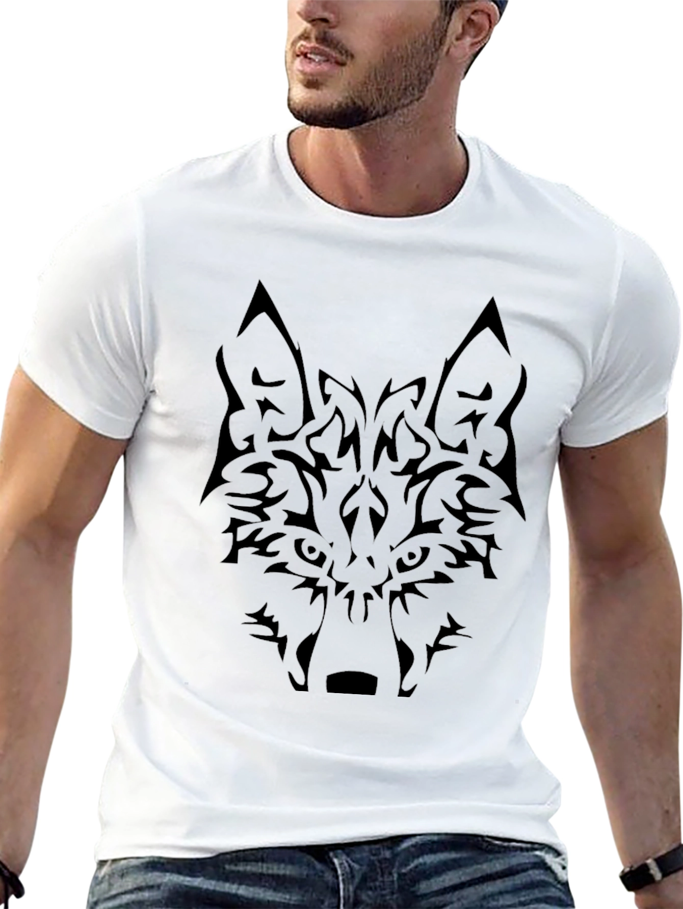 Tribal Wolf Graphic Tee - Black Cotton Blend Shirt