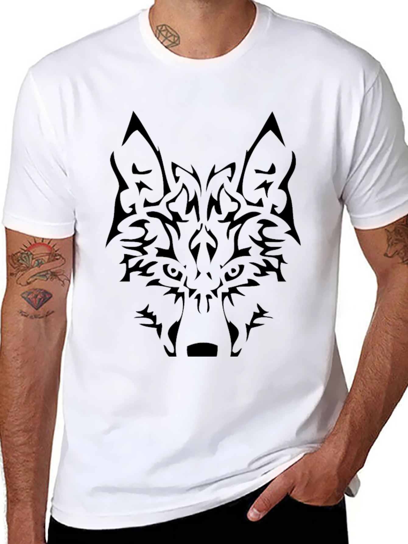 Tribal Wolf Graphic Tee - Black Cotton Blend Shirt