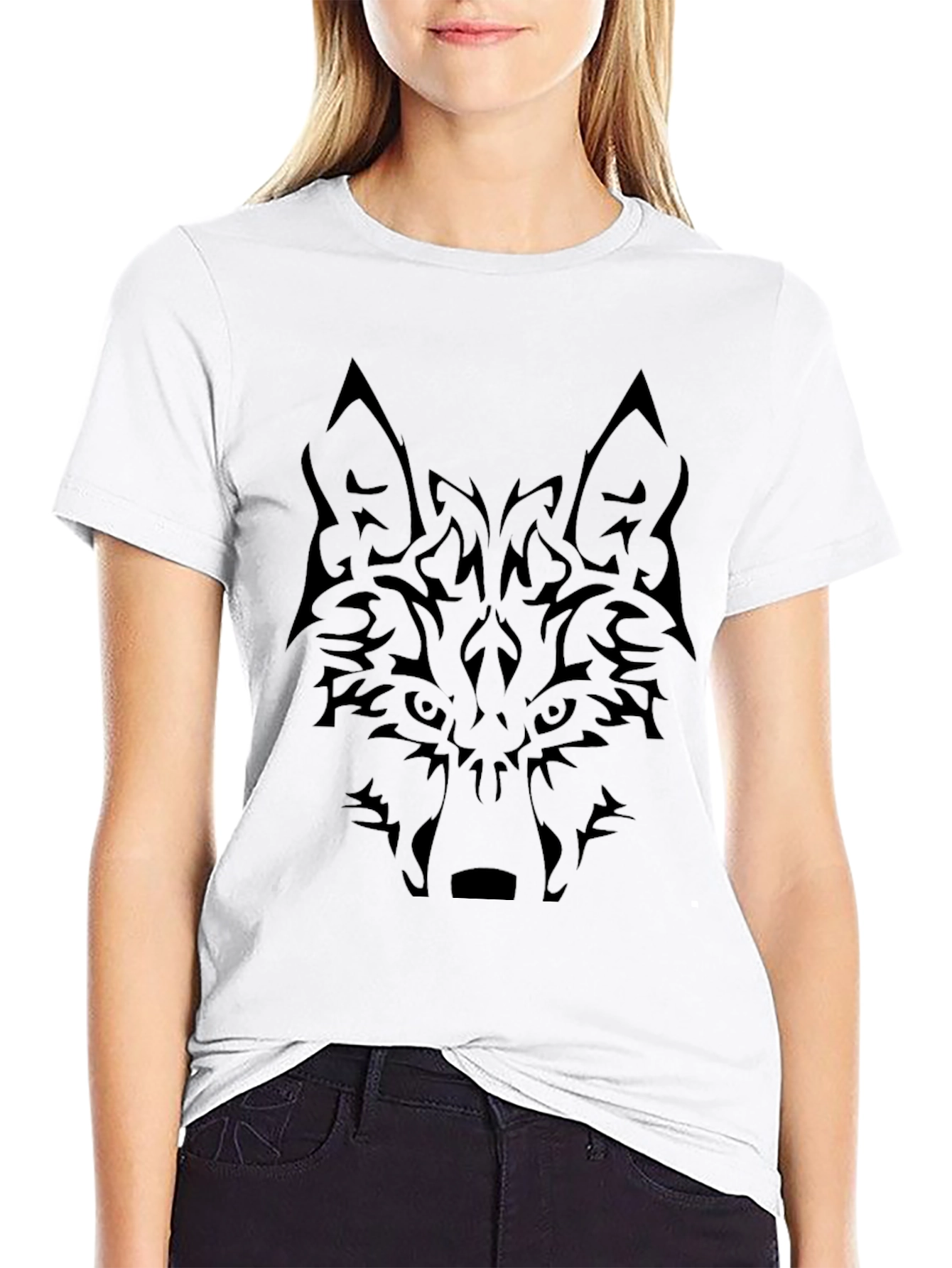 Tribal Wolf Graphic Tee - Black Cotton Blend Shirt