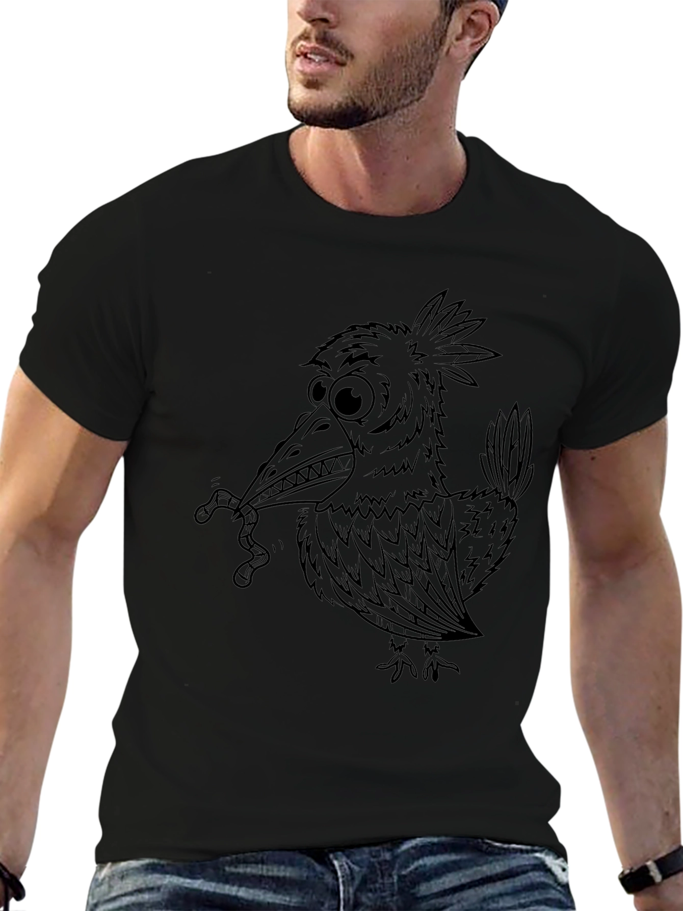 Cartoon Crow Graphic Tee - Black Unisex T-Shirt