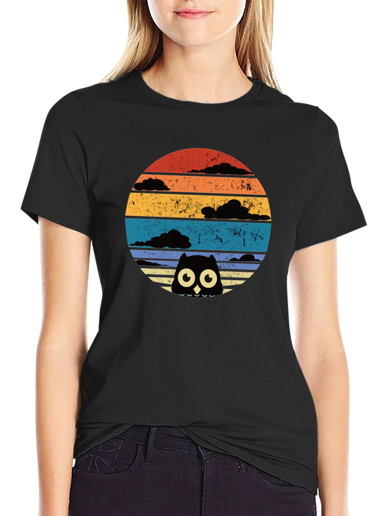 Retro Owl Sunset Graphic Tee - Black