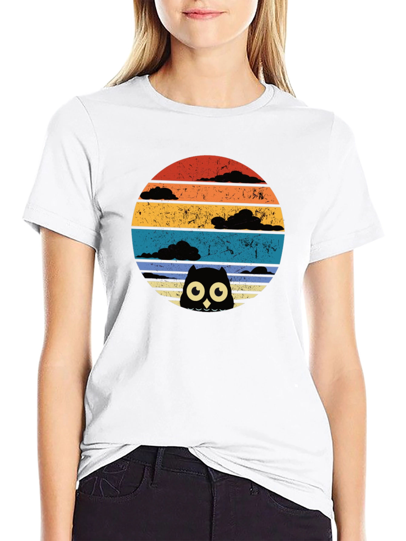 Retro Owl Sunset Graphic Tee - Black