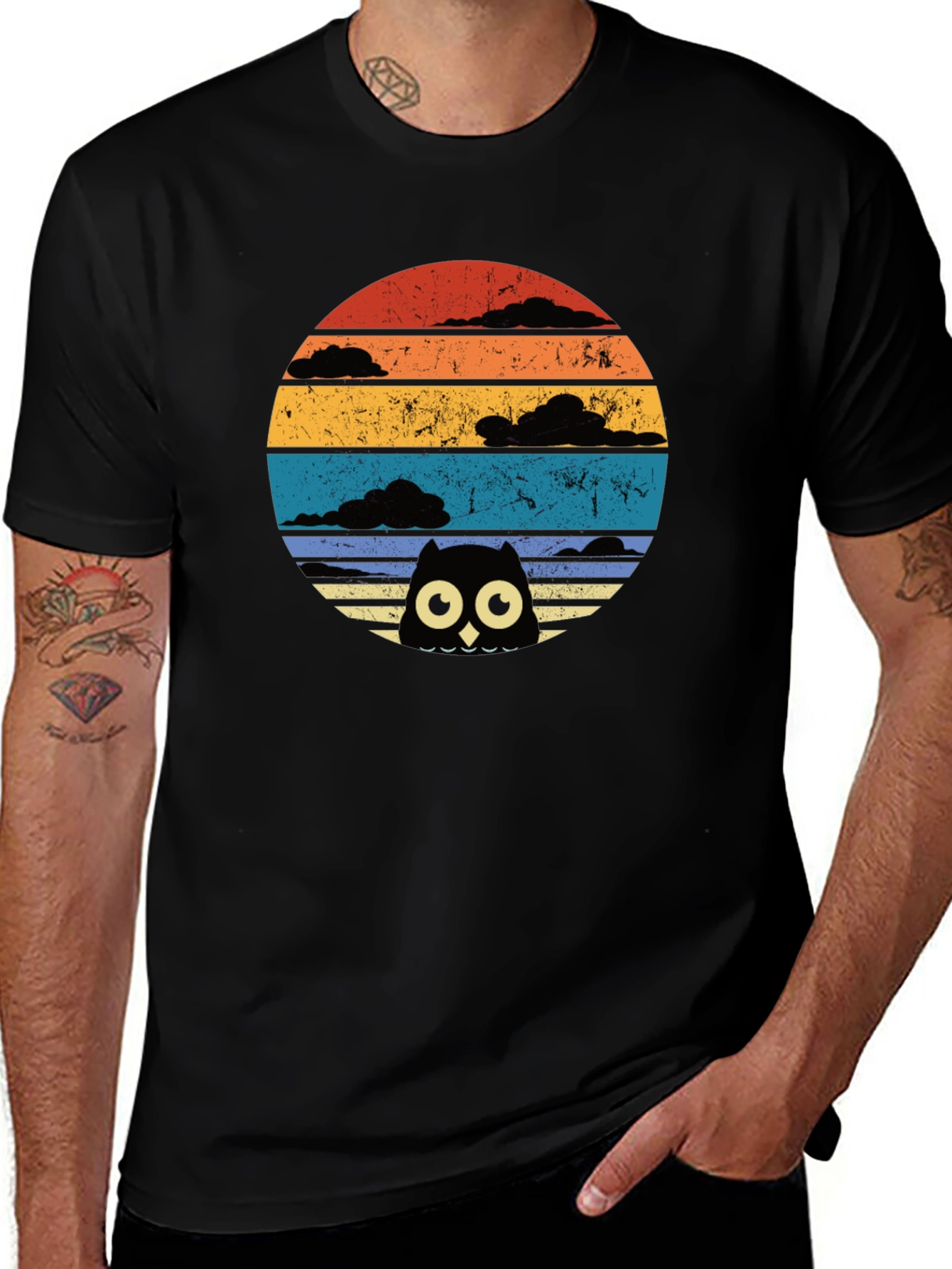 Retro Owl Sunset Graphic Tee - Black